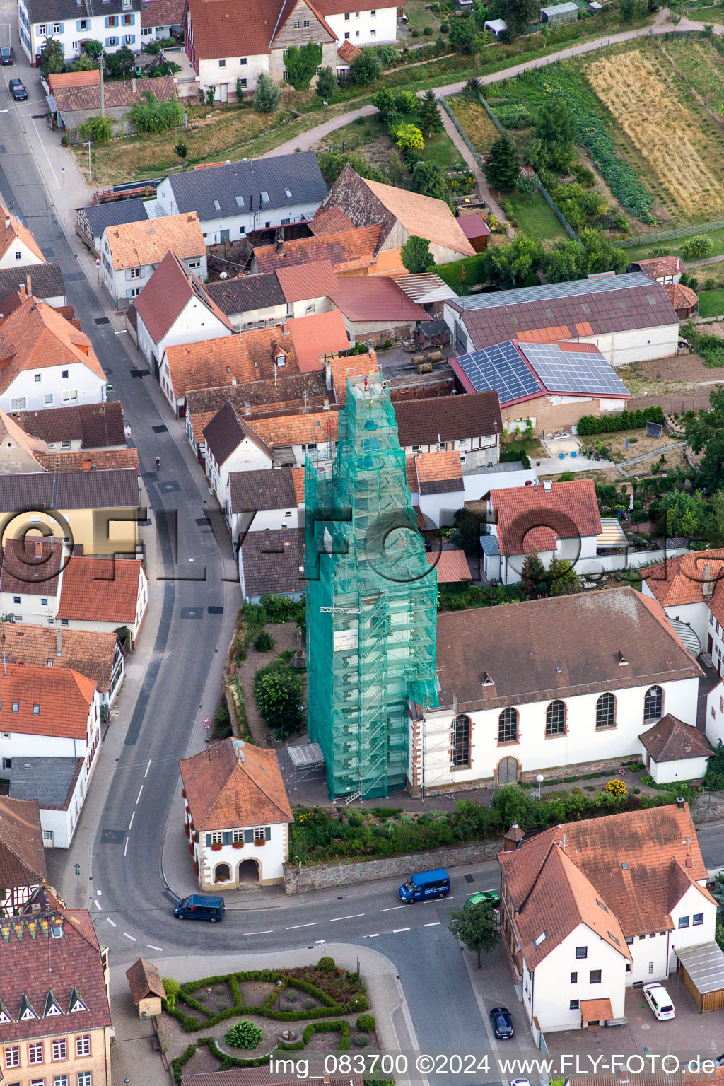 Aerial view of Church tower and tower roof of der catholic church in Ottersheim bei Landau in the state Rhineland-Palatinate, Germany