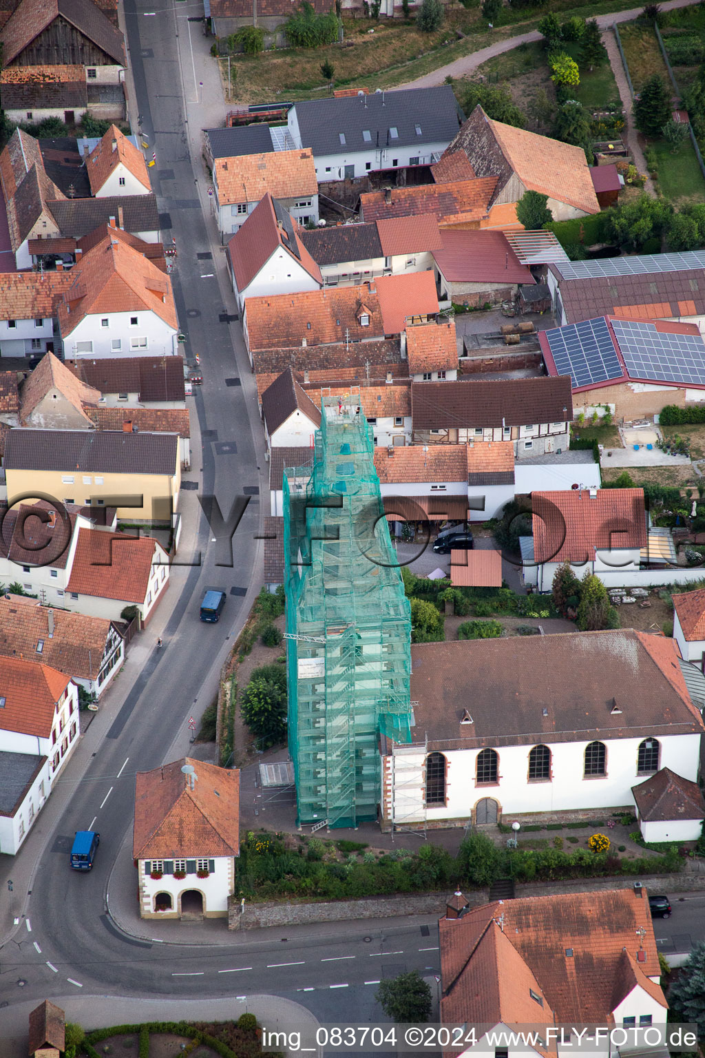 Bird's eye view of Catholic church scaffolded by Leidner GmbH Gerüstbau, Landau in the district Ottersheim in Ottersheim bei Landau in the state Rhineland-Palatinate, Germany