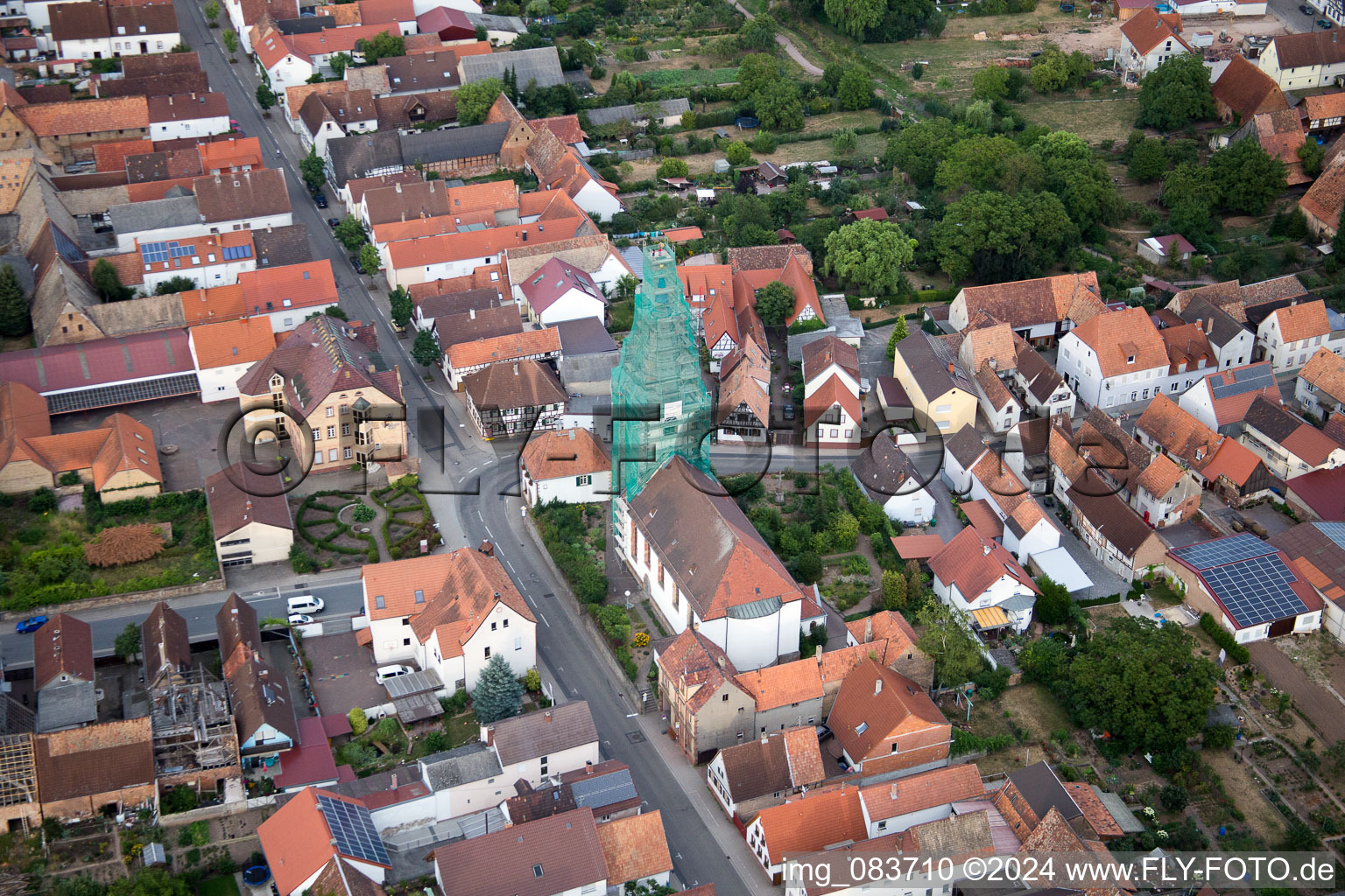 Drone image of Catholic church scaffolded by Leidner GmbH Gerüstbau, Landau in the district Ottersheim in Ottersheim bei Landau in the state Rhineland-Palatinate, Germany