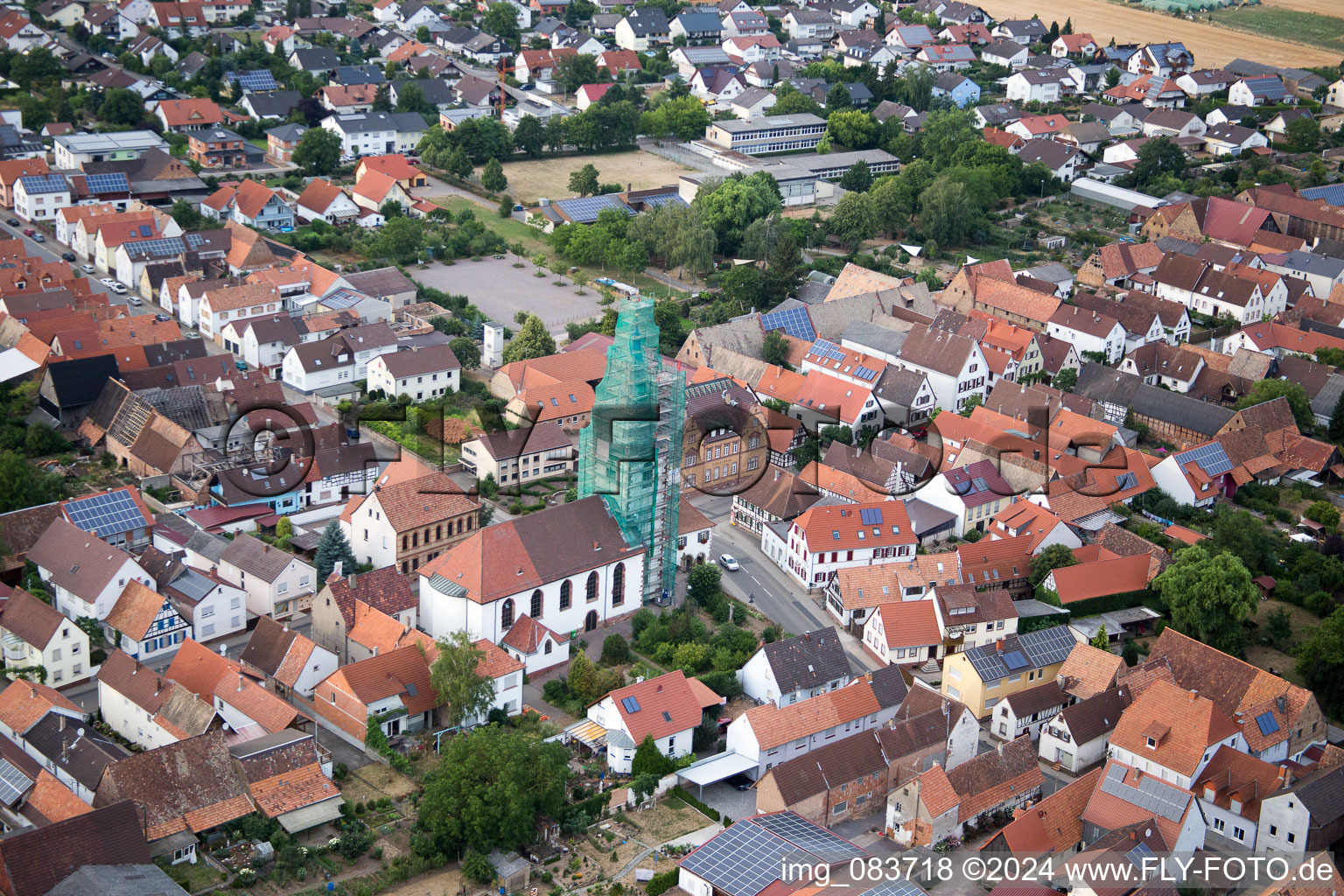 Aerial view of Catholic church scaffolded by Leidner GmbH Gerüstbau, Landau in the district Ottersheim in Ottersheim bei Landau in the state Rhineland-Palatinate, Germany