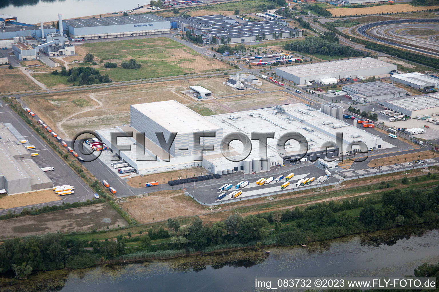 Oberwald industrial area in Wörth am Rhein in the state Rhineland-Palatinate, Germany seen from above