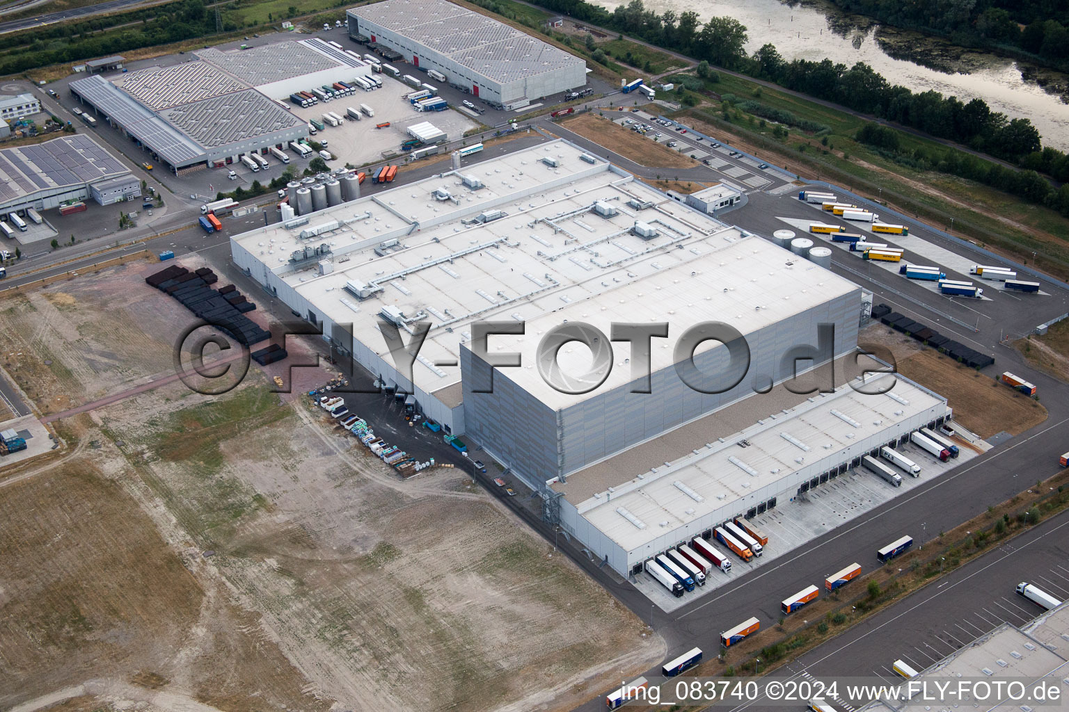 Oberwald industrial area in Wörth am Rhein in the state Rhineland-Palatinate, Germany from a drone