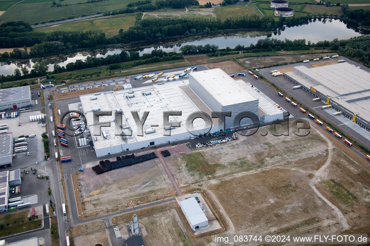 Oblique view of Oberwald industrial area in Wörth am Rhein in the state Rhineland-Palatinate, Germany