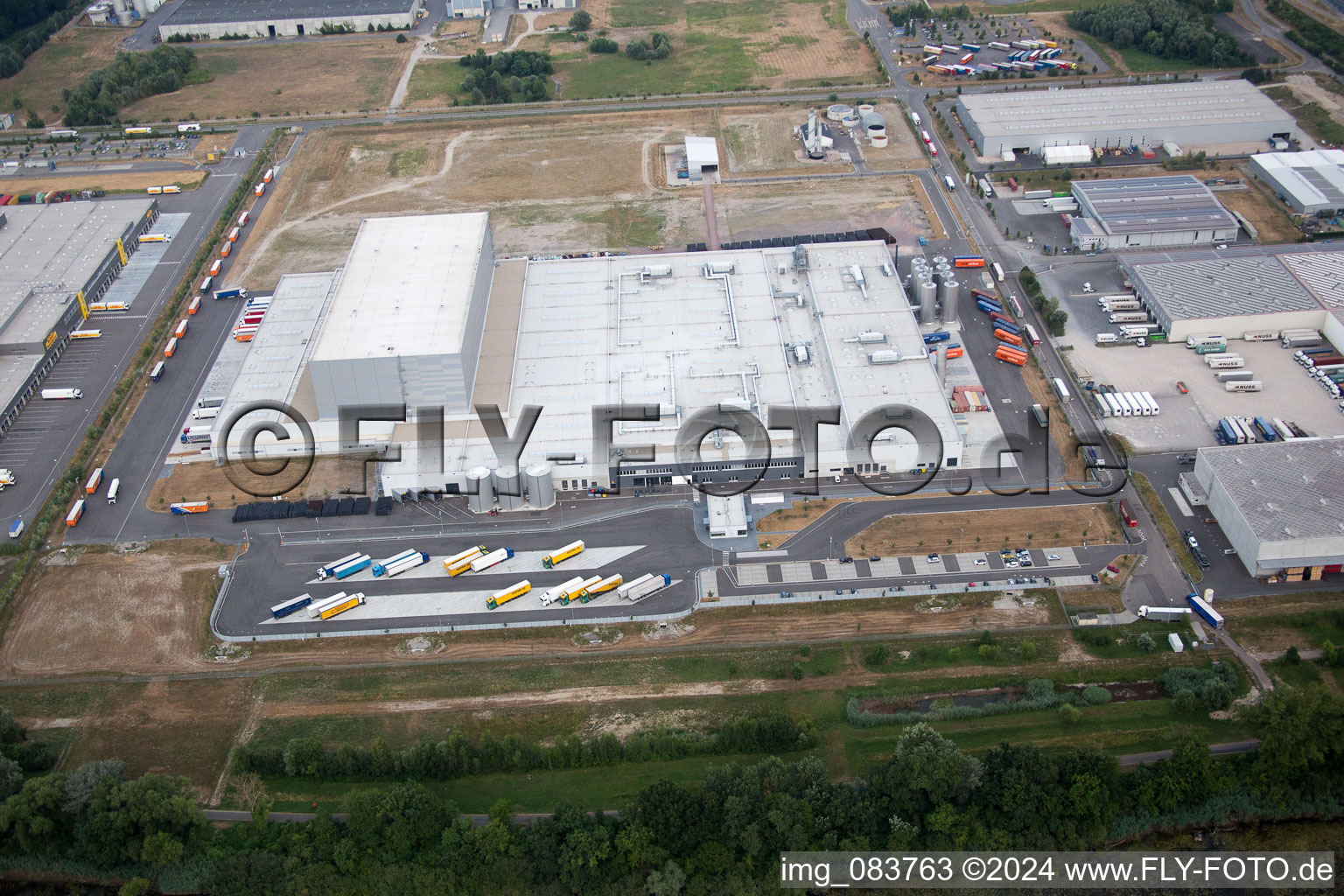 Oblique view of Oberwald industrial area in Wörth am Rhein in the state Rhineland-Palatinate, Germany