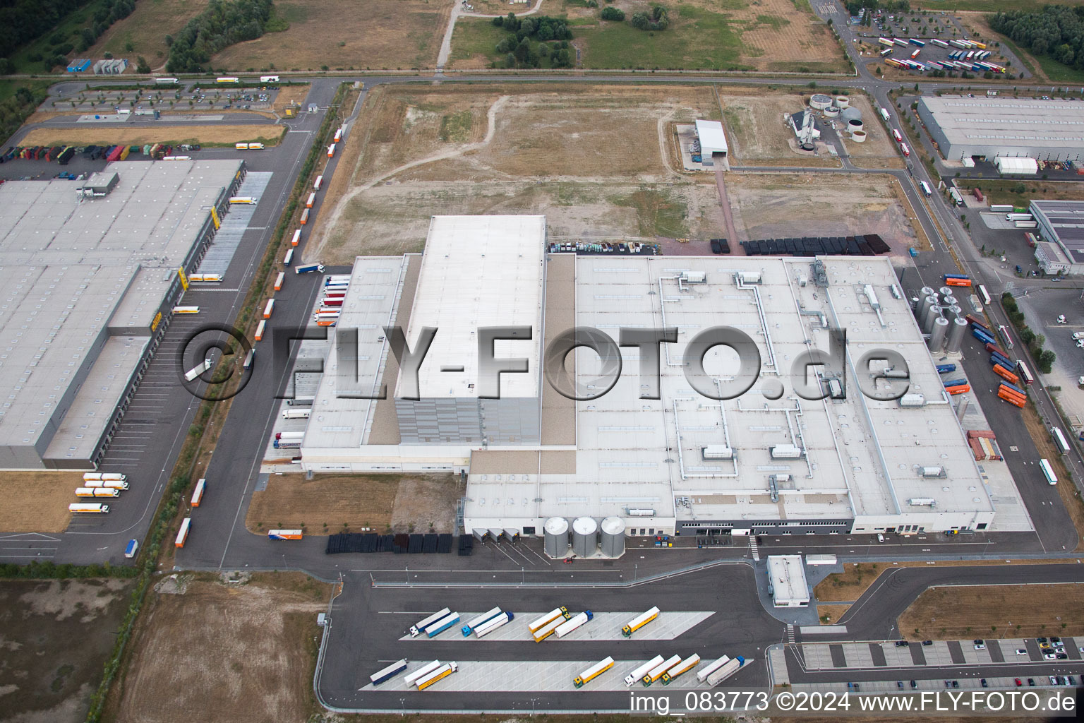 Oberwald industrial area in Wörth am Rhein in the state Rhineland-Palatinate, Germany from a drone