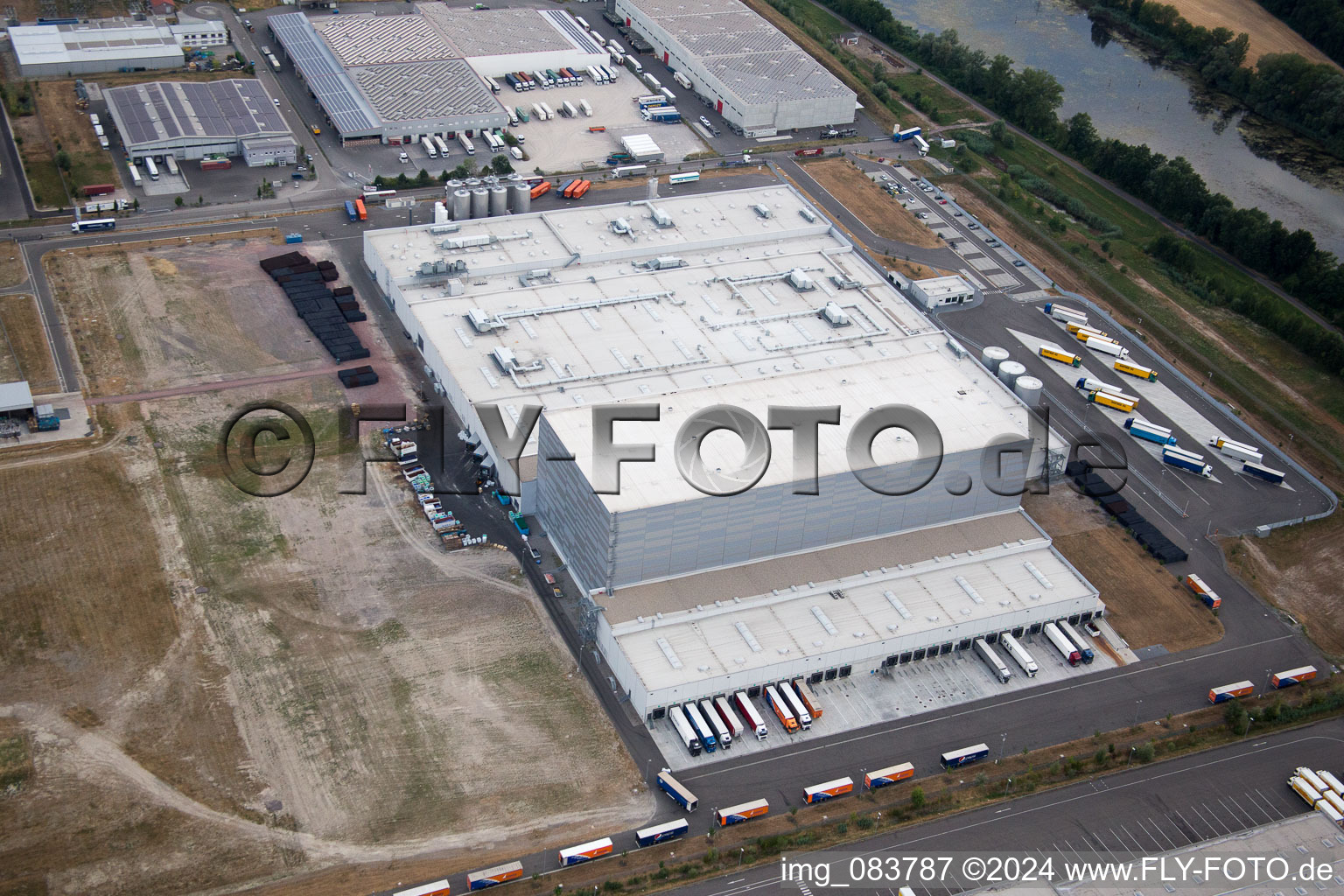 Oberwald industrial area in Wörth am Rhein in the state Rhineland-Palatinate, Germany seen from above