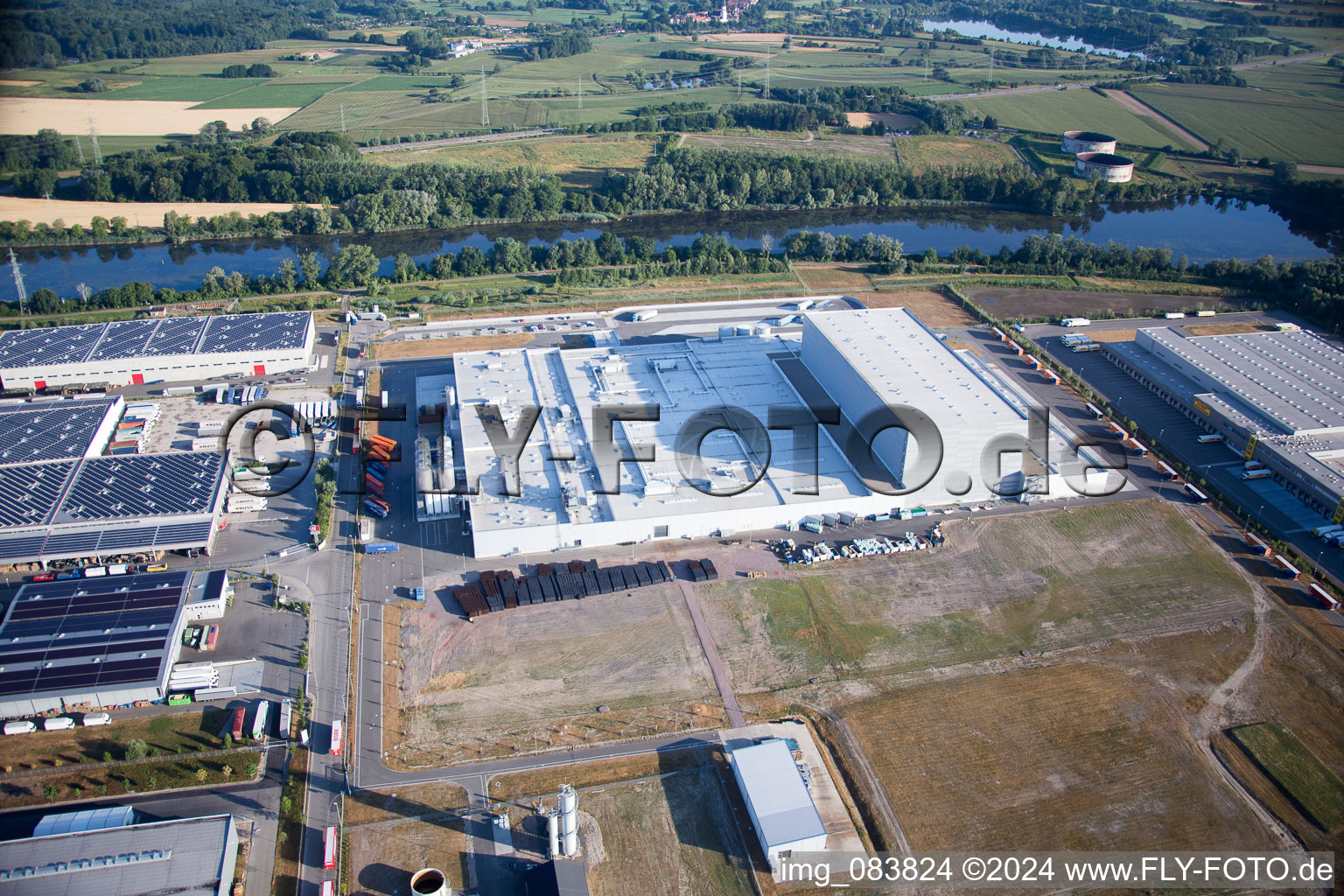 Oberwald industrial area in Wörth am Rhein in the state Rhineland-Palatinate, Germany seen from above