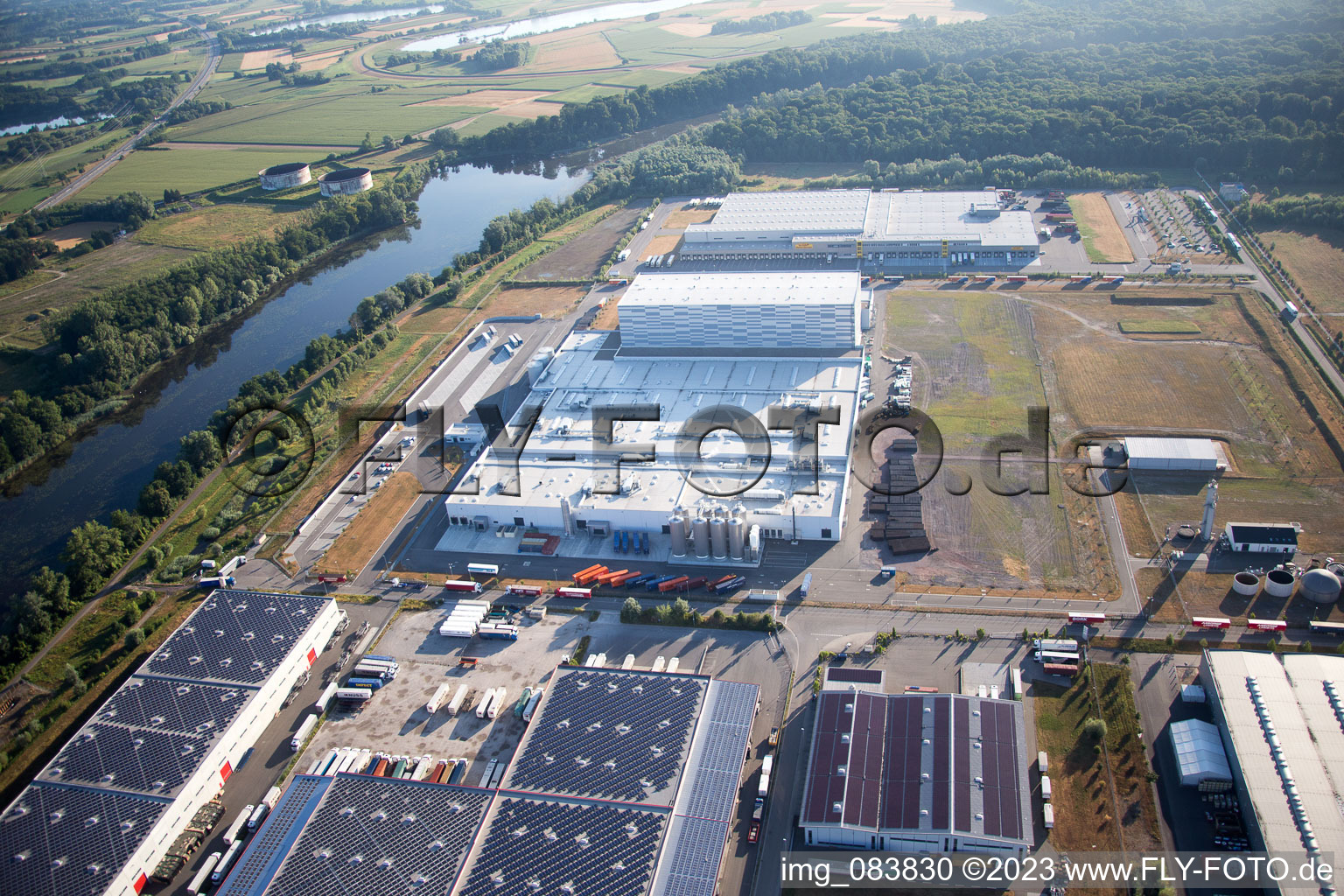 Oberwald industrial area in Wörth am Rhein in the state Rhineland-Palatinate, Germany from the drone perspective