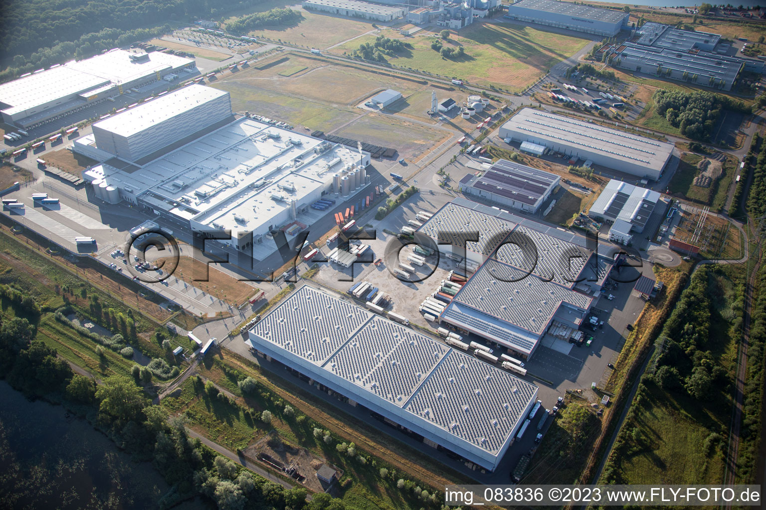 Oberwald industrial area in Wörth am Rhein in the state Rhineland-Palatinate, Germany from a drone