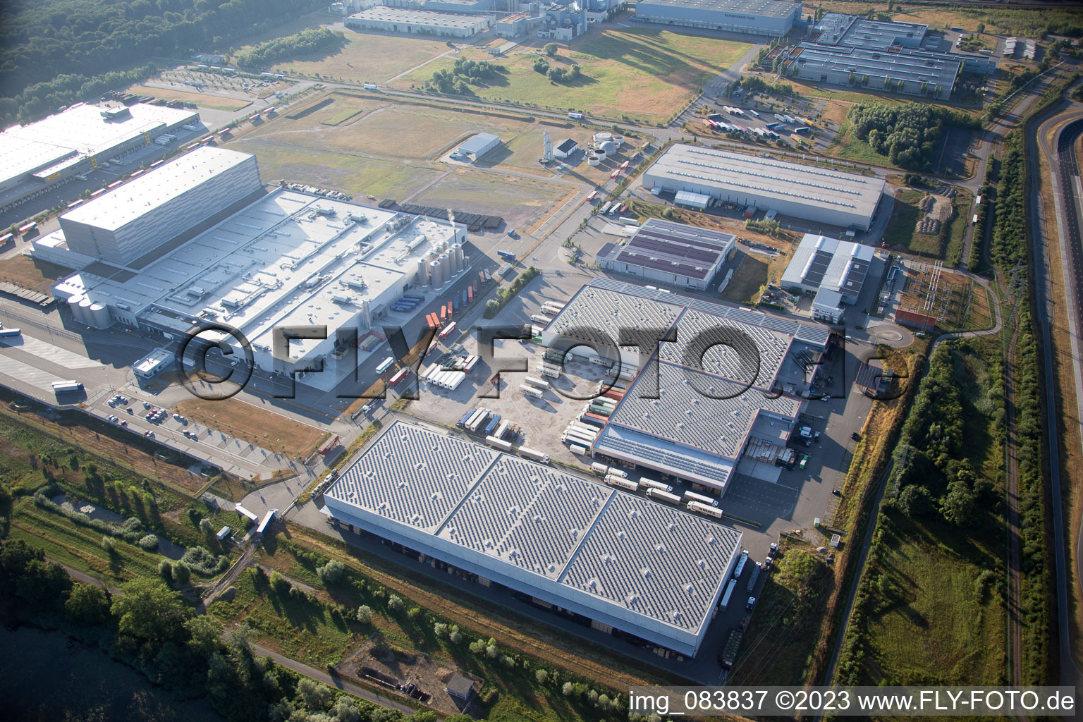 Oberwald industrial area in Wörth am Rhein in the state Rhineland-Palatinate, Germany seen from a drone