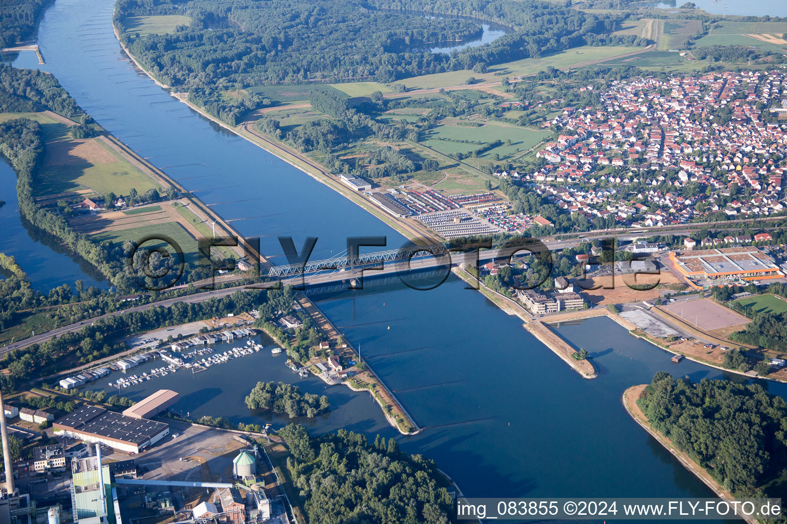 Maxau Rhine Bridge from the north in the district Knielingen in Karlsruhe in the state Baden-Wuerttemberg, Germany