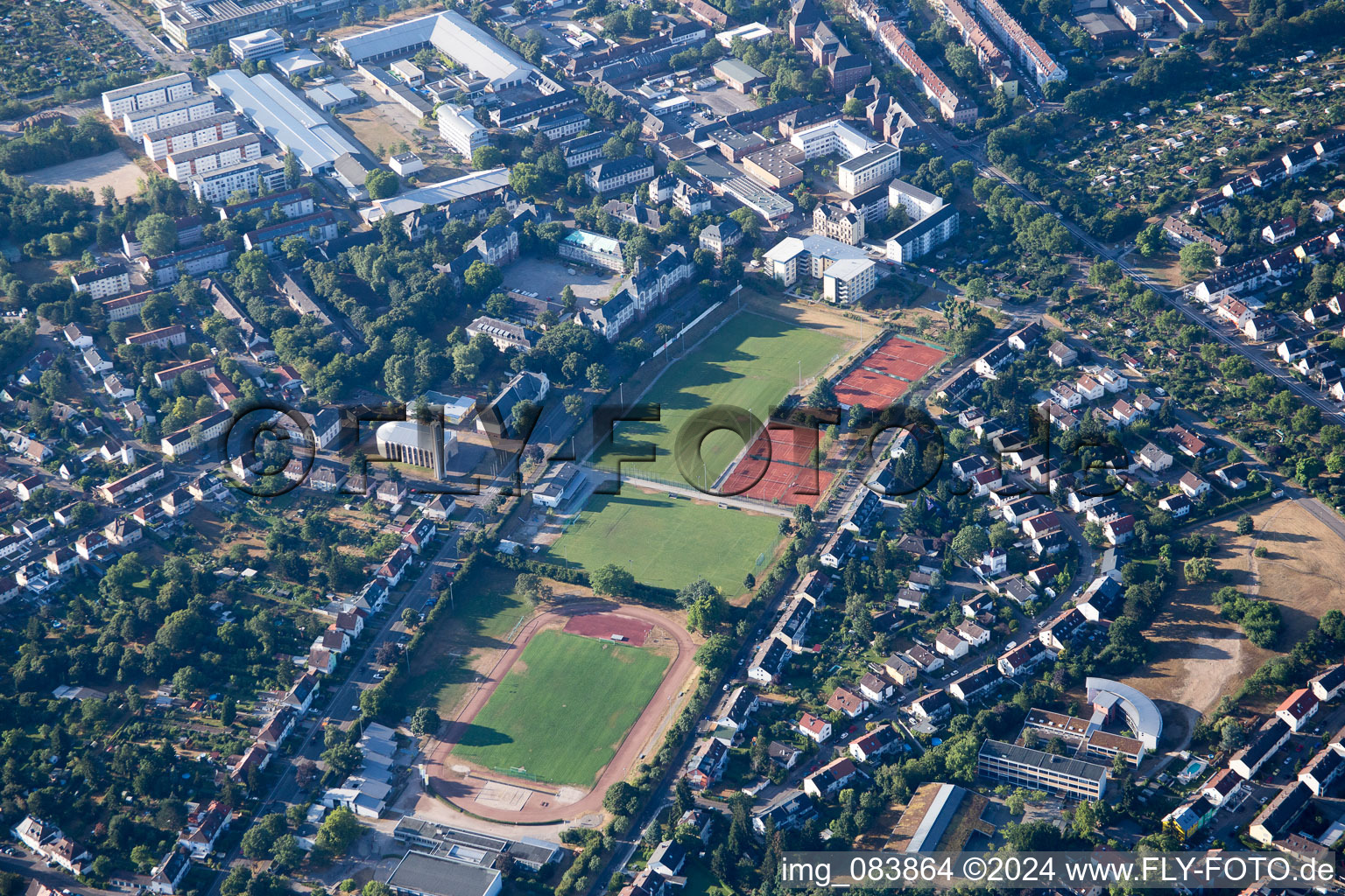 Aerial view of Sports fields in the district Nordweststadt in Karlsruhe in the state Baden-Wuerttemberg, Germany