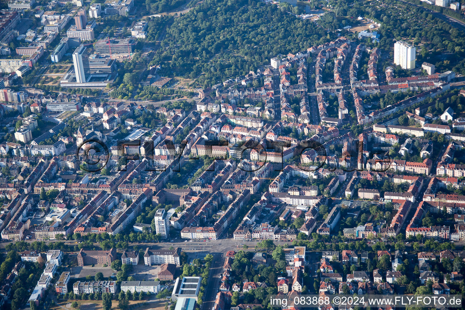 Aerial view of District Mühlburg in Karlsruhe in the state Baden-Wuerttemberg, Germany