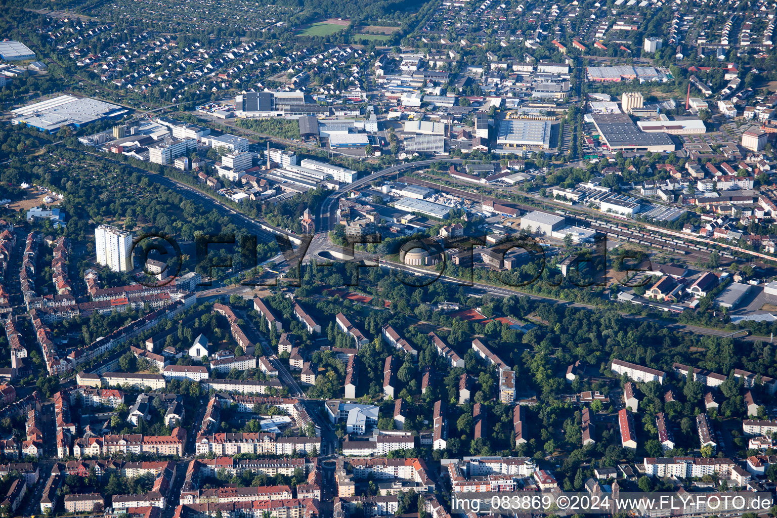 Aerial photograpy of District Mühlburg in Karlsruhe in the state Baden-Wuerttemberg, Germany