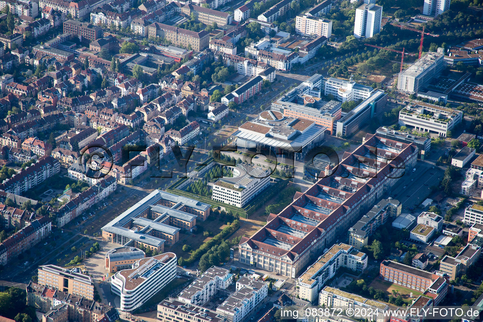 Aerial view of ZKM in the district Südweststadt in Karlsruhe in the state Baden-Wuerttemberg, Germany