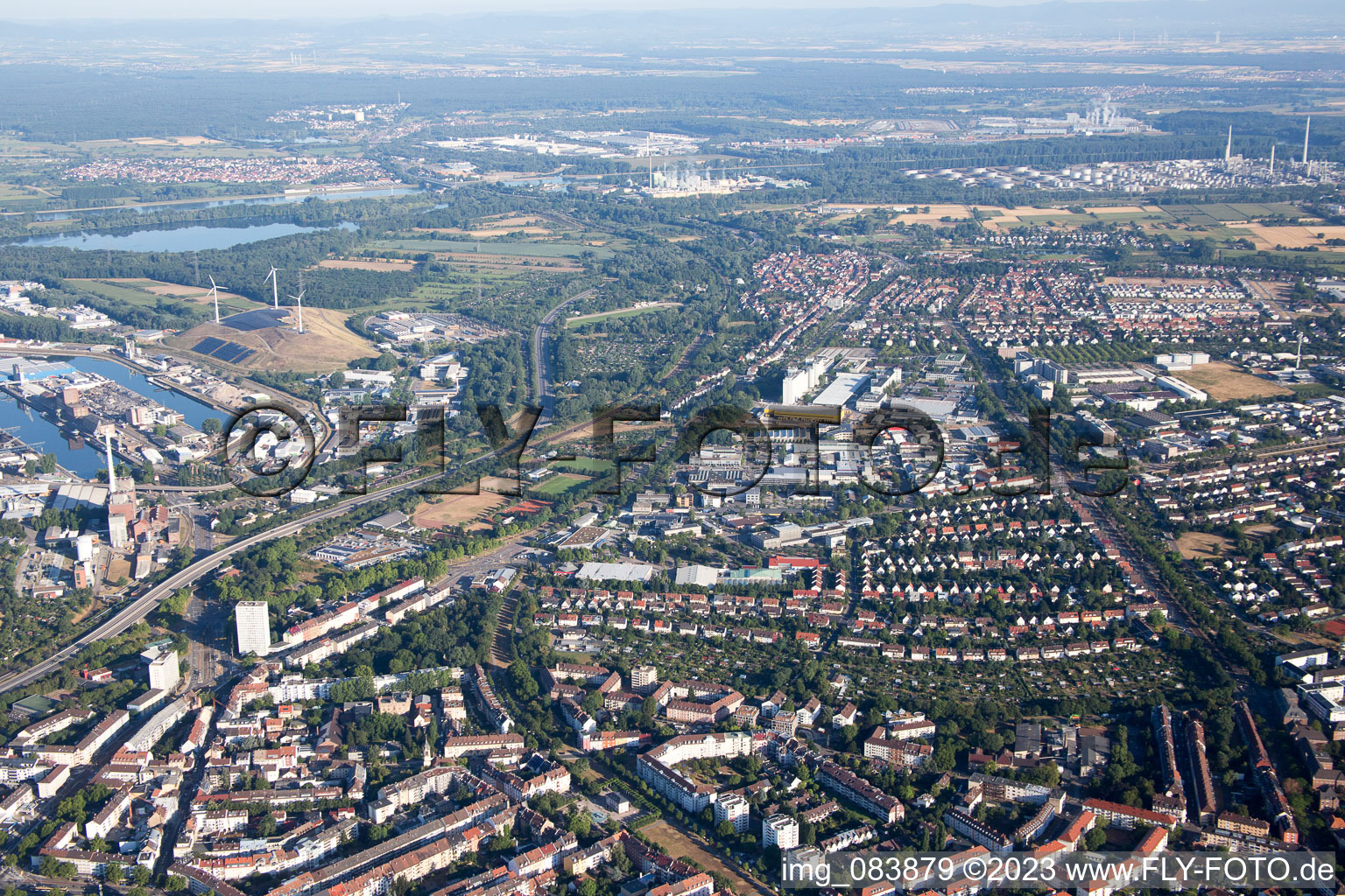 Oblique view of District Mühlburg in Karlsruhe in the state Baden-Wuerttemberg, Germany