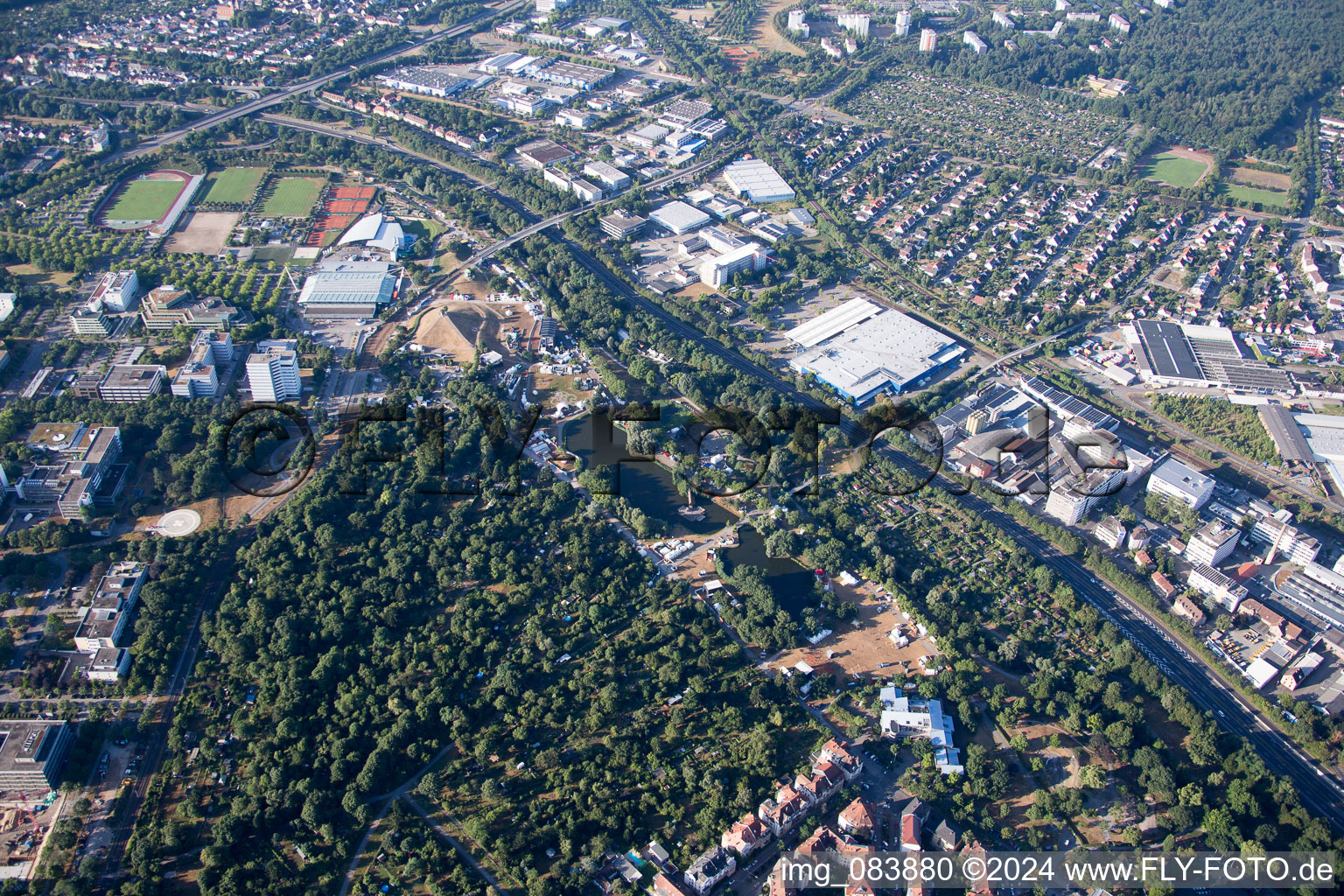 Aerial view of KA, Günther Klotz Plant, The Festival in the district Südweststadt in Karlsruhe in the state Baden-Wuerttemberg, Germany