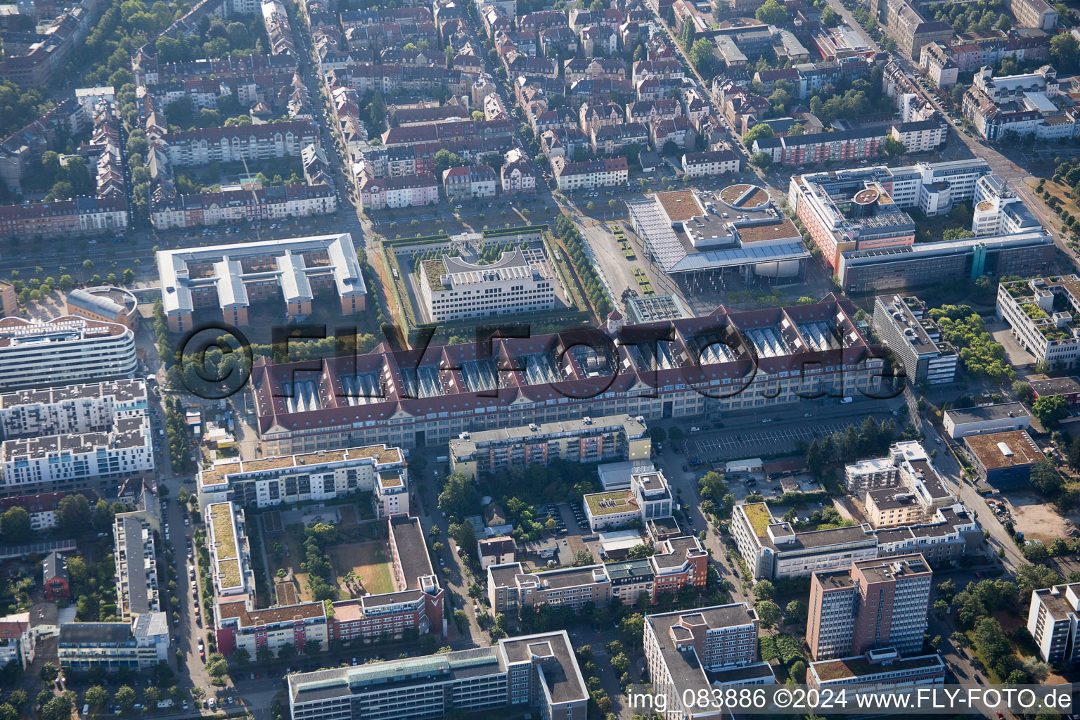 Oblique view of ZKM in the district Südweststadt in Karlsruhe in the state Baden-Wuerttemberg, Germany