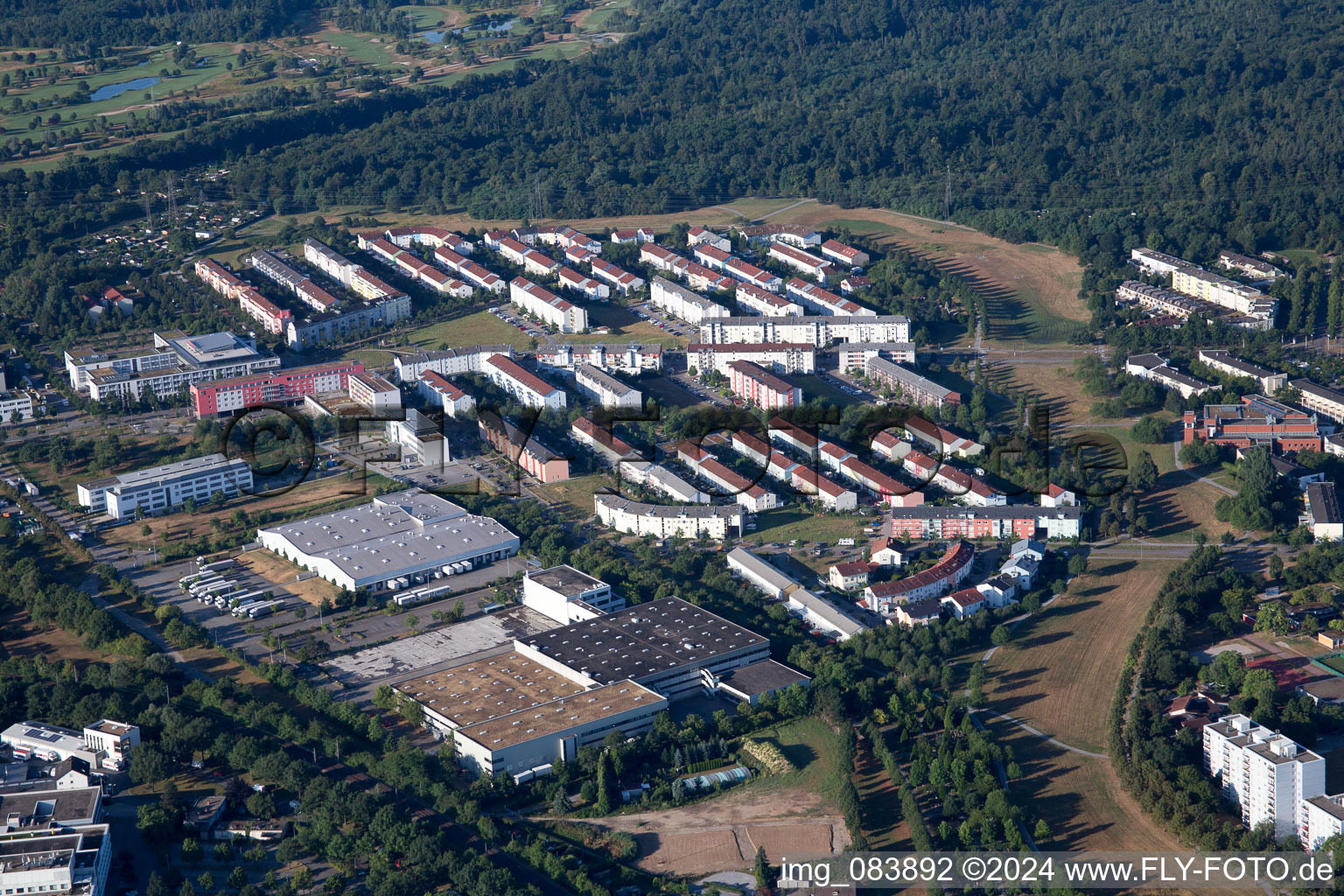 Aerial view of District Oberreut in Karlsruhe in the state Baden-Wuerttemberg, Germany