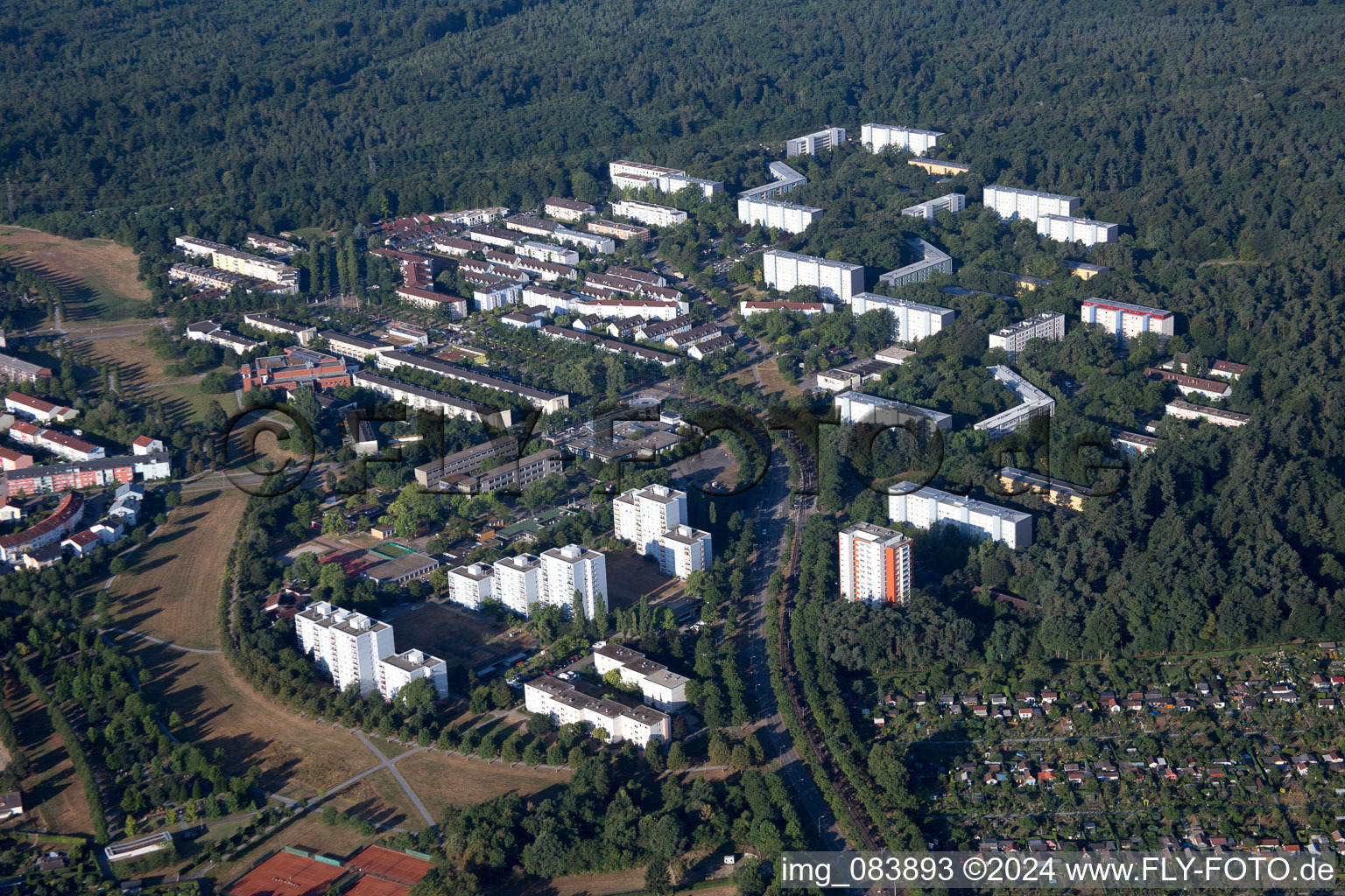 Aerial photograpy of District Oberreut in Karlsruhe in the state Baden-Wuerttemberg, Germany