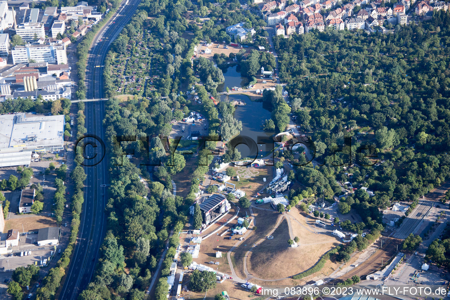 Aerial photograpy of The festival in the Günther Klotz facility in the district Südweststadt in Karlsruhe in the state Baden-Wuerttemberg, Germany