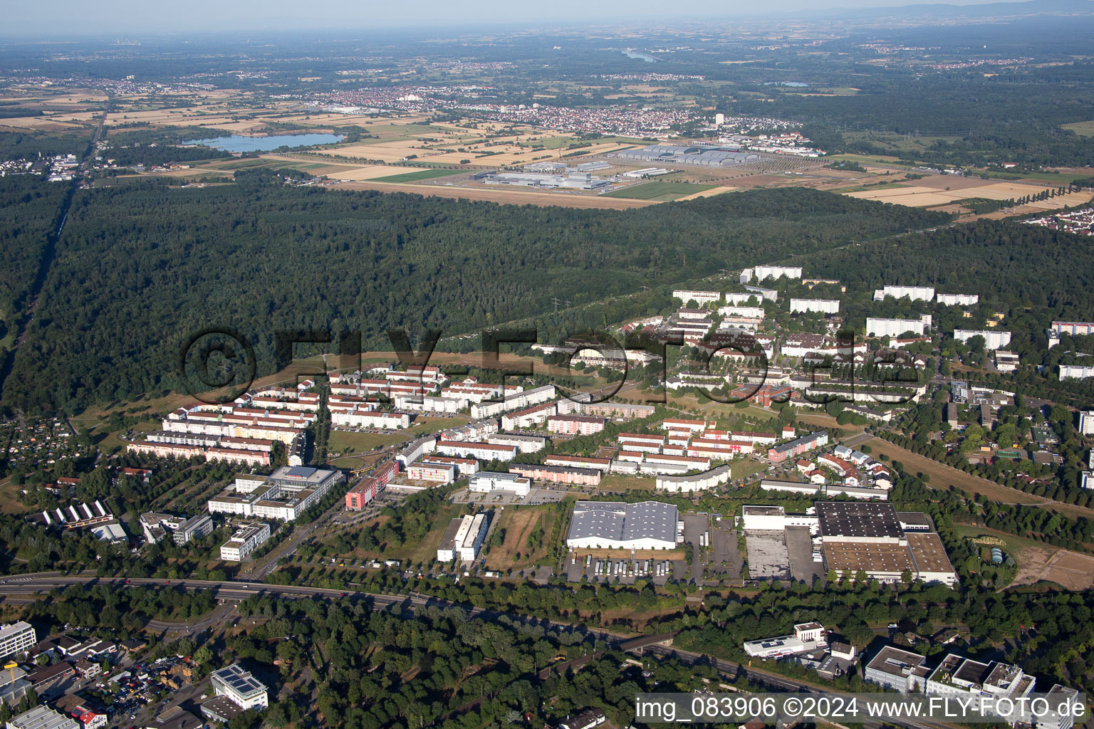 Oblique view of District Oberreut in Karlsruhe in the state Baden-Wuerttemberg, Germany