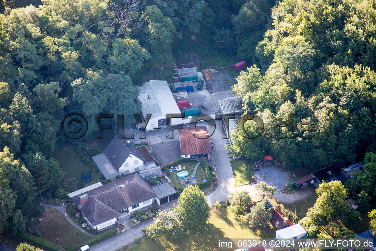 Aerial photograpy of Hohenwettersbacherstraße 38 , "open youth workshop Karlsruhe" at the quarry in the district Grünwettersbach in Karlsruhe in the state Baden-Wuerttemberg, Germany