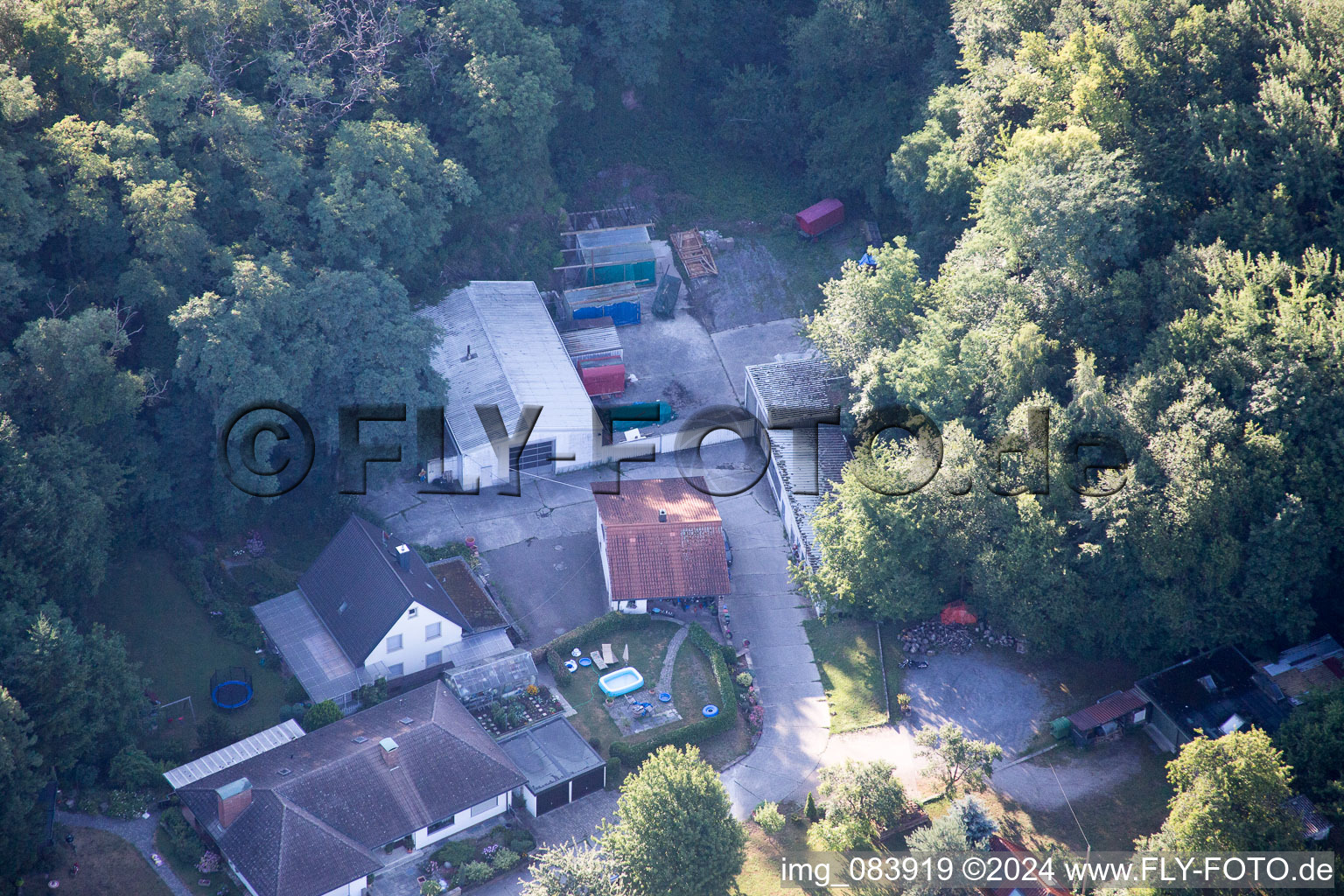 Oblique view of Hohenwettersbacherstraße 38 , "open youth workshop Karlsruhe" at the quarry in the district Grünwettersbach in Karlsruhe in the state Baden-Wuerttemberg, Germany