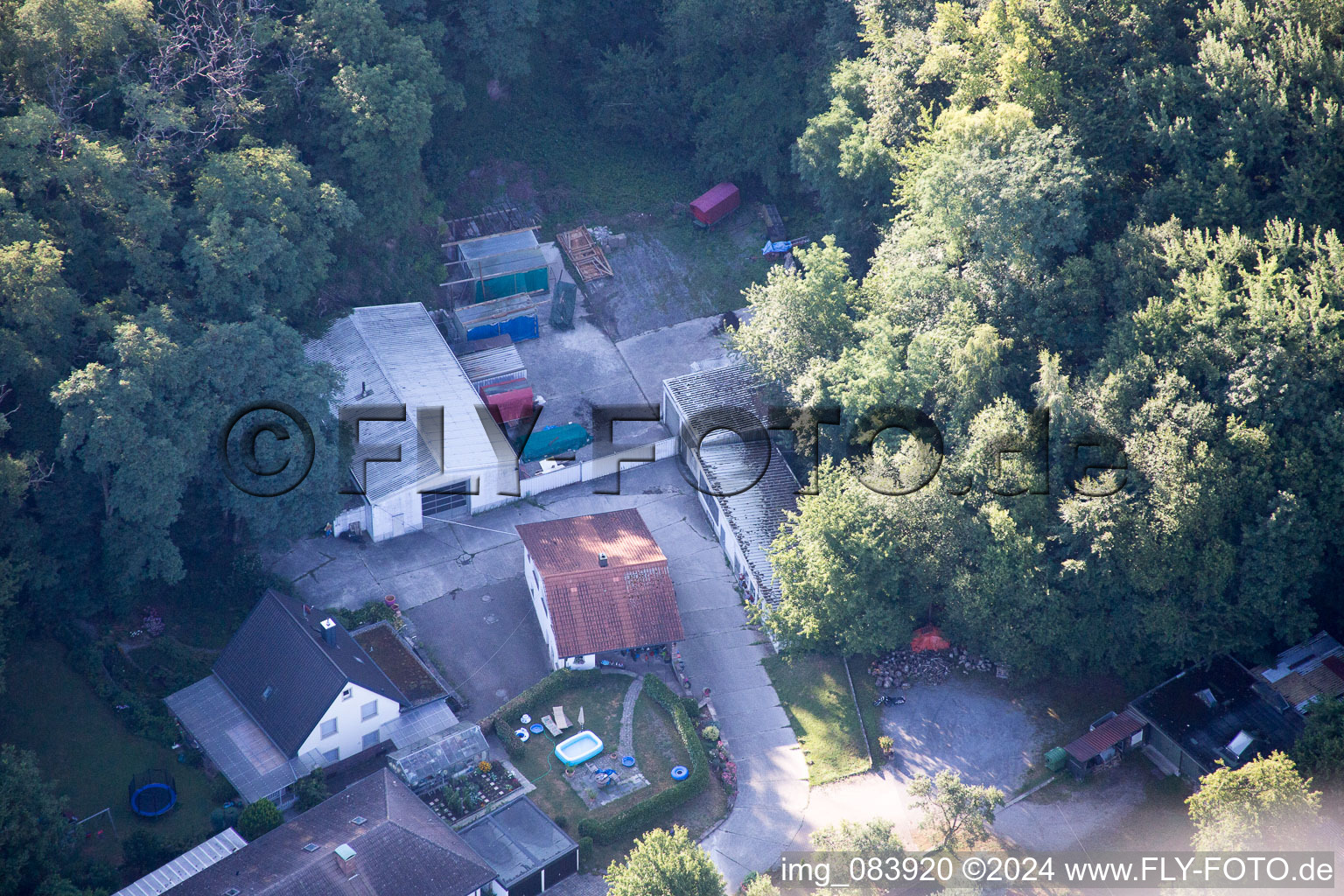 Hohenwettersbacherstraße 38 , "open youth workshop Karlsruhe" at the quarry in the district Grünwettersbach in Karlsruhe in the state Baden-Wuerttemberg, Germany from above