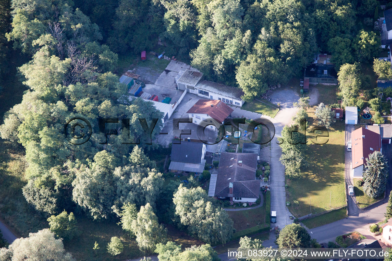 Bird's eye view of Hohenwettersbacherstraße 38 , "open youth workshop Karlsruhe" at the quarry in the district Grünwettersbach in Karlsruhe in the state Baden-Wuerttemberg, Germany