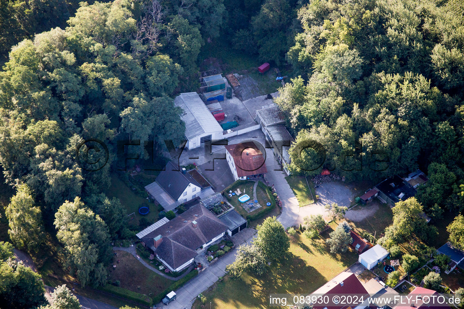 Drone image of Hohenwettersbacherstraße 38 , "open youth workshop Karlsruhe" at the quarry in the district Grünwettersbach in Karlsruhe in the state Baden-Wuerttemberg, Germany