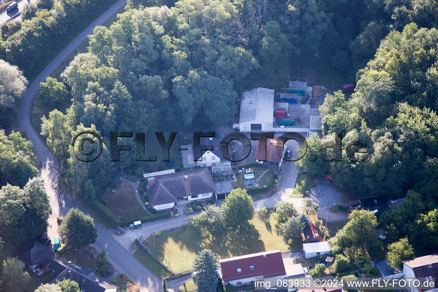 Hohenwettersbacherstraße 38 , "open youth workshop Karlsruhe" at the quarry in the district Grünwettersbach in Karlsruhe in the state Baden-Wuerttemberg, Germany from the drone perspective