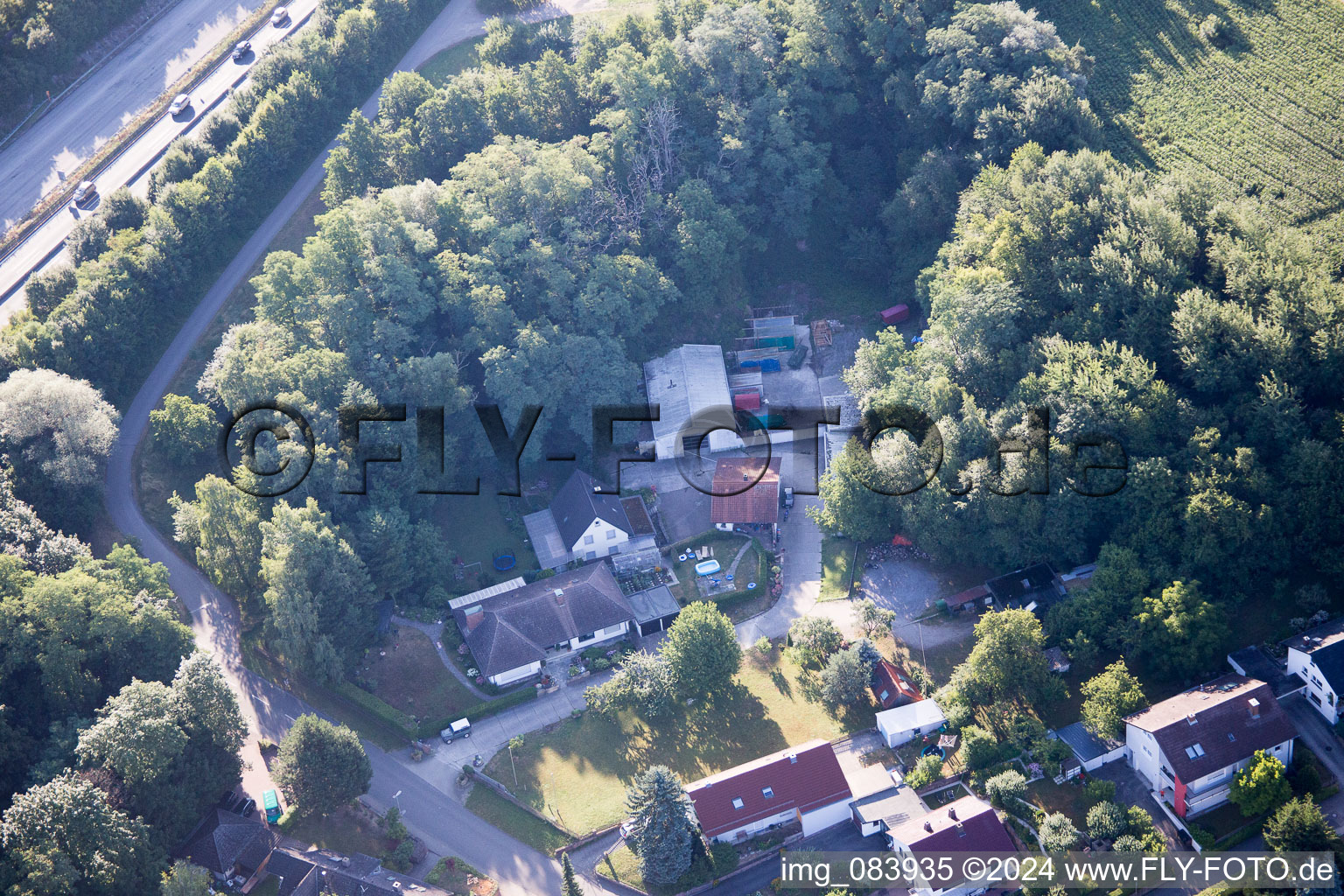 Hohenwettersbacherstraße 38 , "open youth workshop Karlsruhe" at the quarry in the district Grünwettersbach in Karlsruhe in the state Baden-Wuerttemberg, Germany seen from a drone