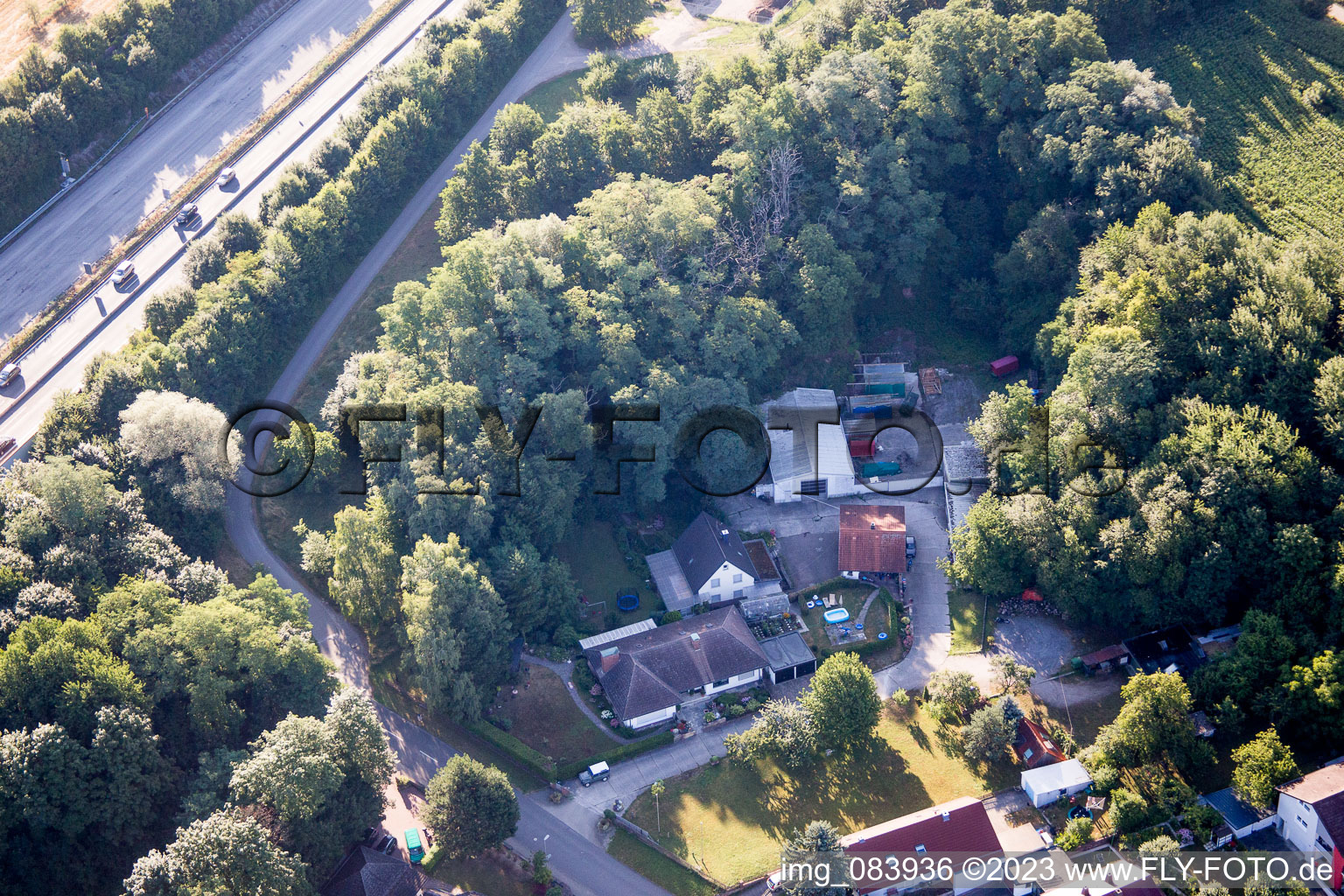 Aerial view of Hohenwettersbacherstraße 38, "open youth workshop Karlsruhe" at the quarry in the district Grünwettersbach in Karlsruhe in the state Baden-Wuerttemberg, Germany