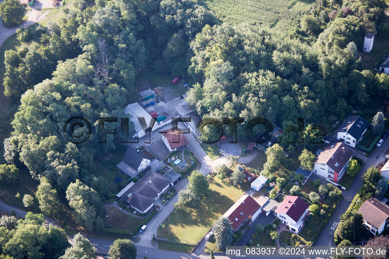 Aerial photograpy of Hohenwettersbacherstraße 38 , "open youth workshop Karlsruhe" at the quarry in the district Grünwettersbach in Karlsruhe in the state Baden-Wuerttemberg, Germany