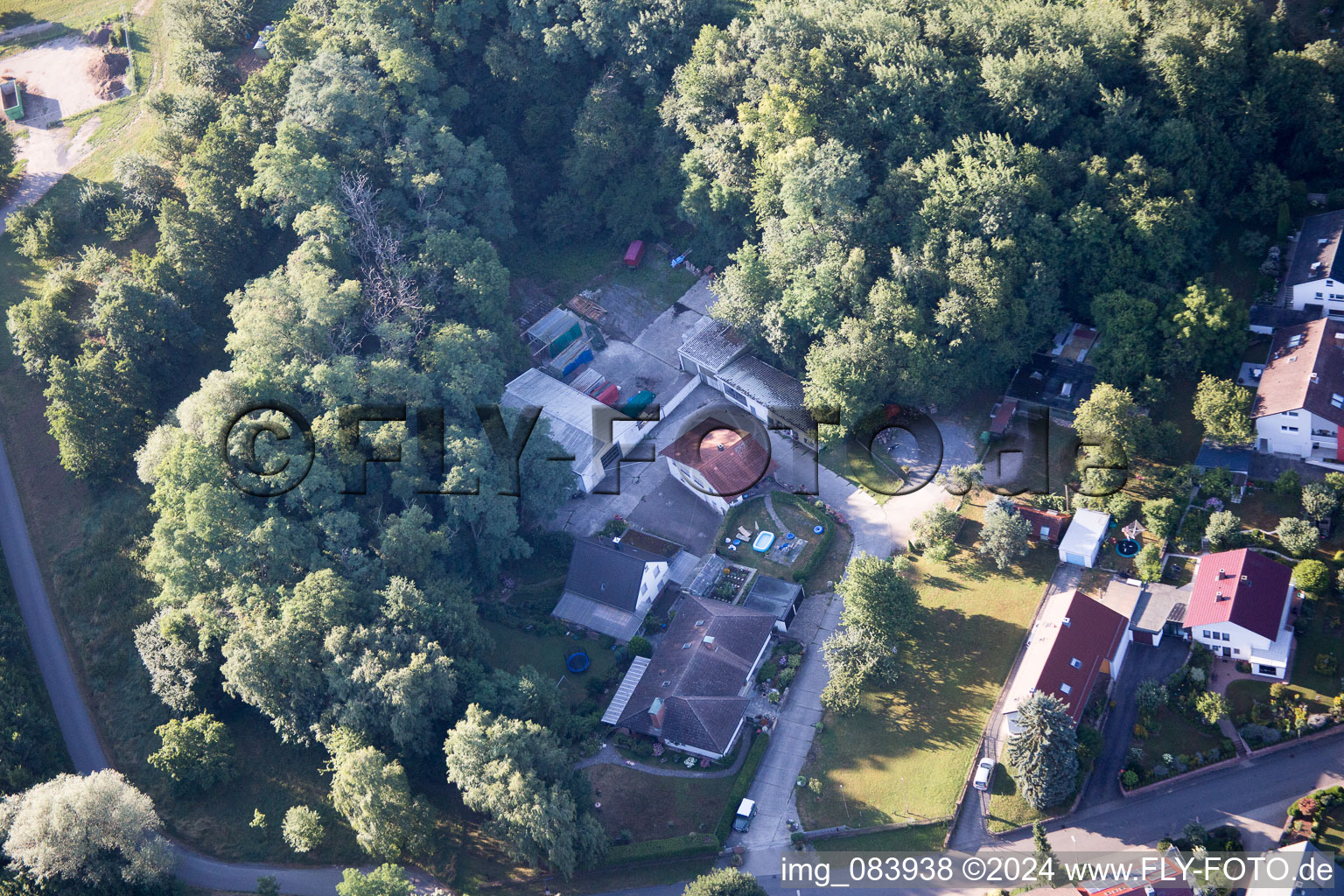 Oblique view of Hohenwettersbacherstraße 38 , "open youth workshop Karlsruhe" at the quarry in the district Grünwettersbach in Karlsruhe in the state Baden-Wuerttemberg, Germany