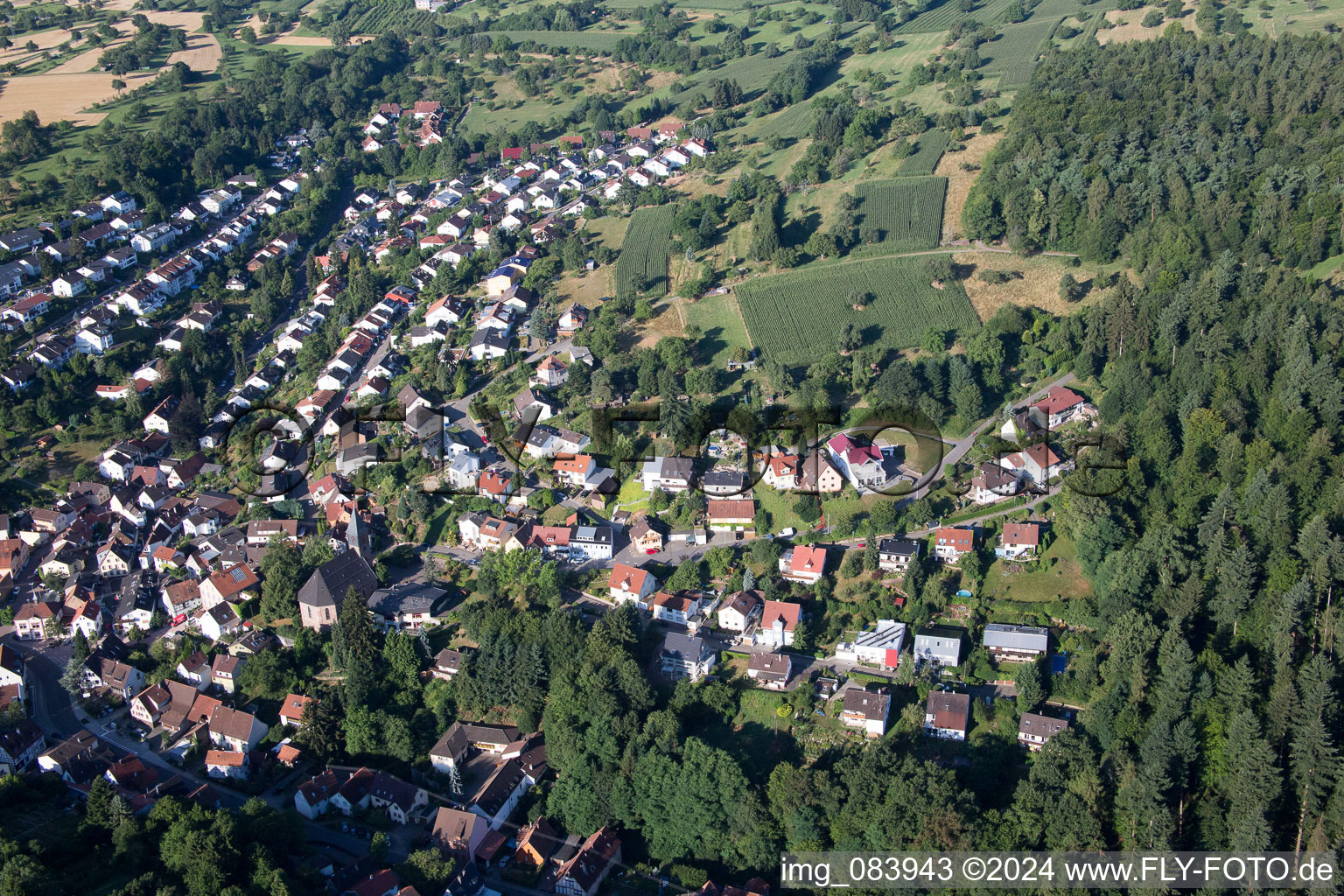 District Grünwettersbach in Karlsruhe in the state Baden-Wuerttemberg, Germany seen from above