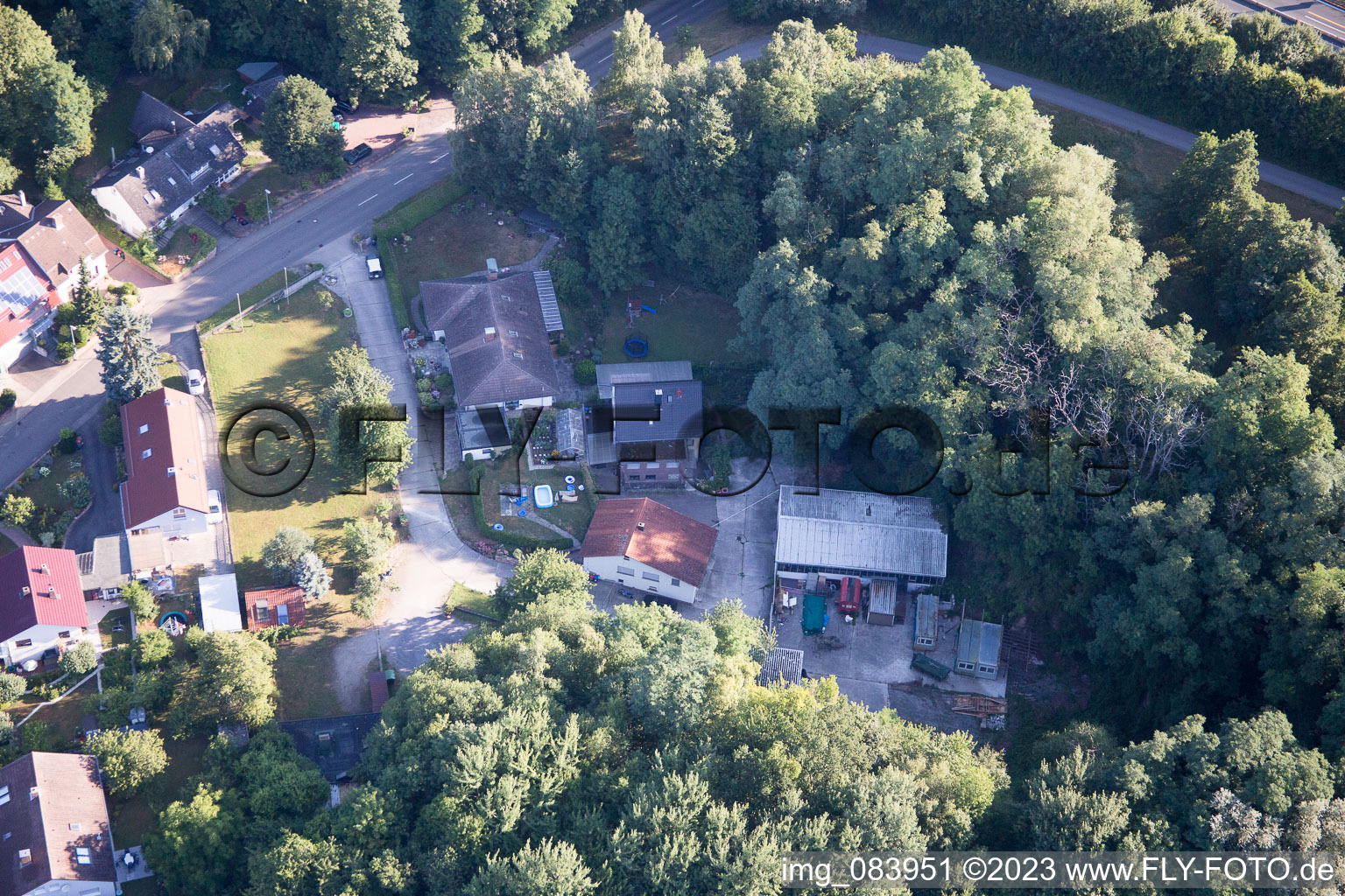 Hohenwettersbacherstraße 38, "open youth workshop Karlsruhe" at the quarry in the district Grünwettersbach in Karlsruhe in the state Baden-Wuerttemberg, Germany viewn from the air