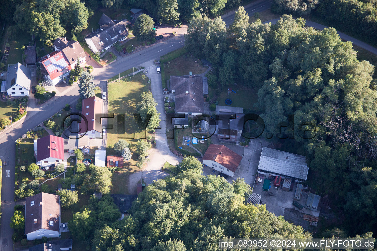 Drone recording of Hohenwettersbacherstraße 38 , "open youth workshop Karlsruhe" at the quarry in the district Grünwettersbach in Karlsruhe in the state Baden-Wuerttemberg, Germany