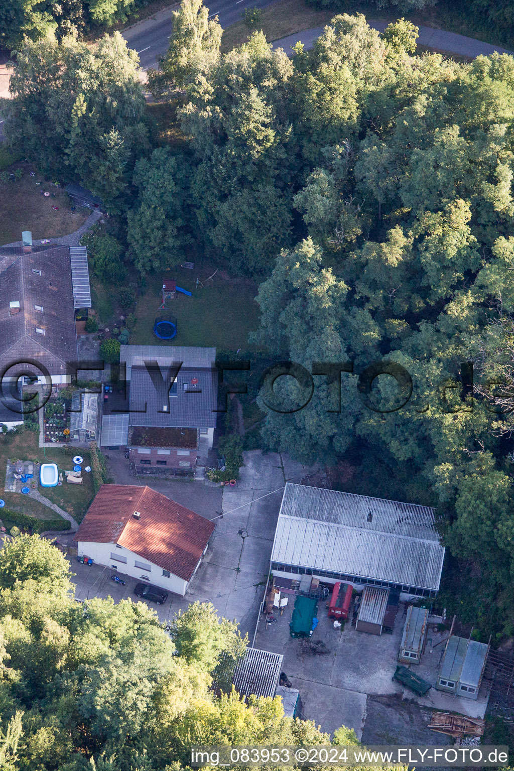 Drone image of Hohenwettersbacherstraße 38 , "open youth workshop Karlsruhe" at the quarry in the district Grünwettersbach in Karlsruhe in the state Baden-Wuerttemberg, Germany