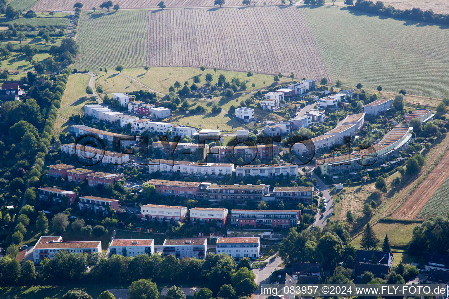 Oblique view of District Hohenwettersbach in Karlsruhe in the state Baden-Wuerttemberg, Germany