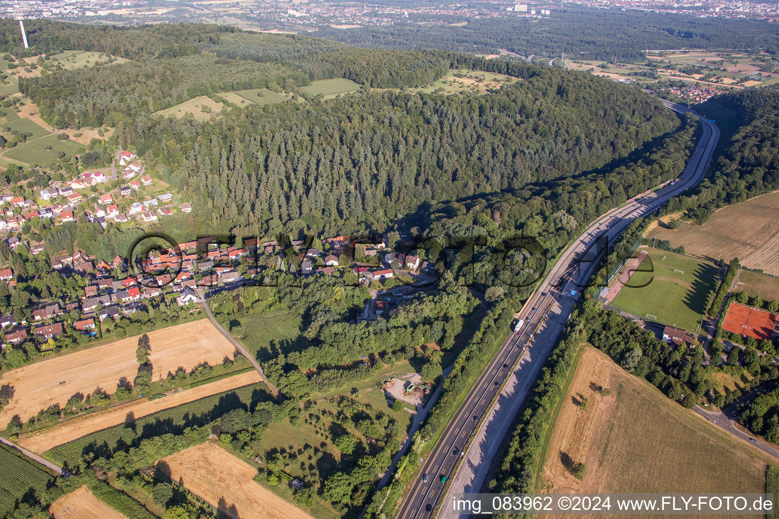 Aerial view of Highway route A8 in in the district Gruenwettersbach in Karlsruhe in the state Baden-Wurttemberg