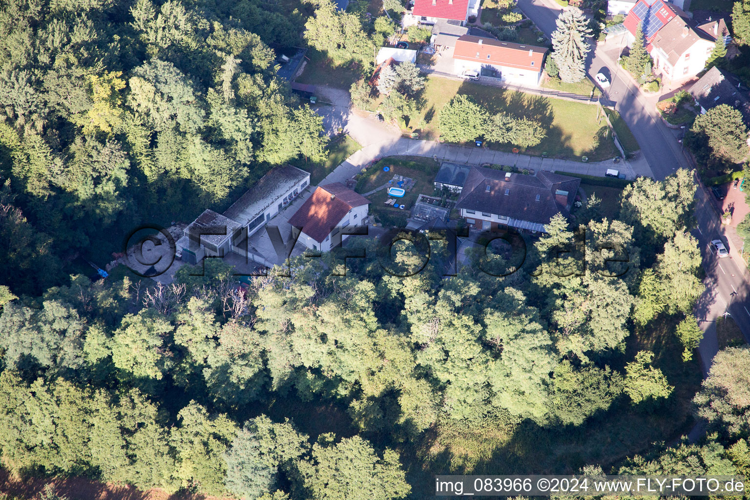 Oblique view of Hohenwettersbacherstraße 38 , "open youth workshop Karlsruhe" at the quarry in the district Grünwettersbach in Karlsruhe in the state Baden-Wuerttemberg, Germany