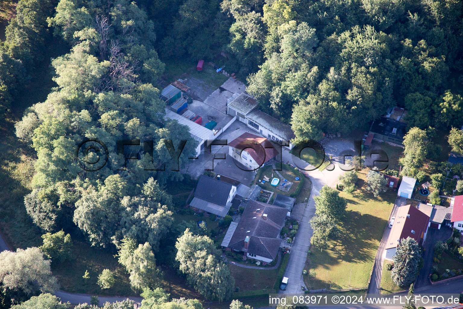 Bird's eye view of Hohenwettersbacherstraße 38 , "open youth workshop Karlsruhe" at the quarry in the district Grünwettersbach in Karlsruhe in the state Baden-Wuerttemberg, Germany