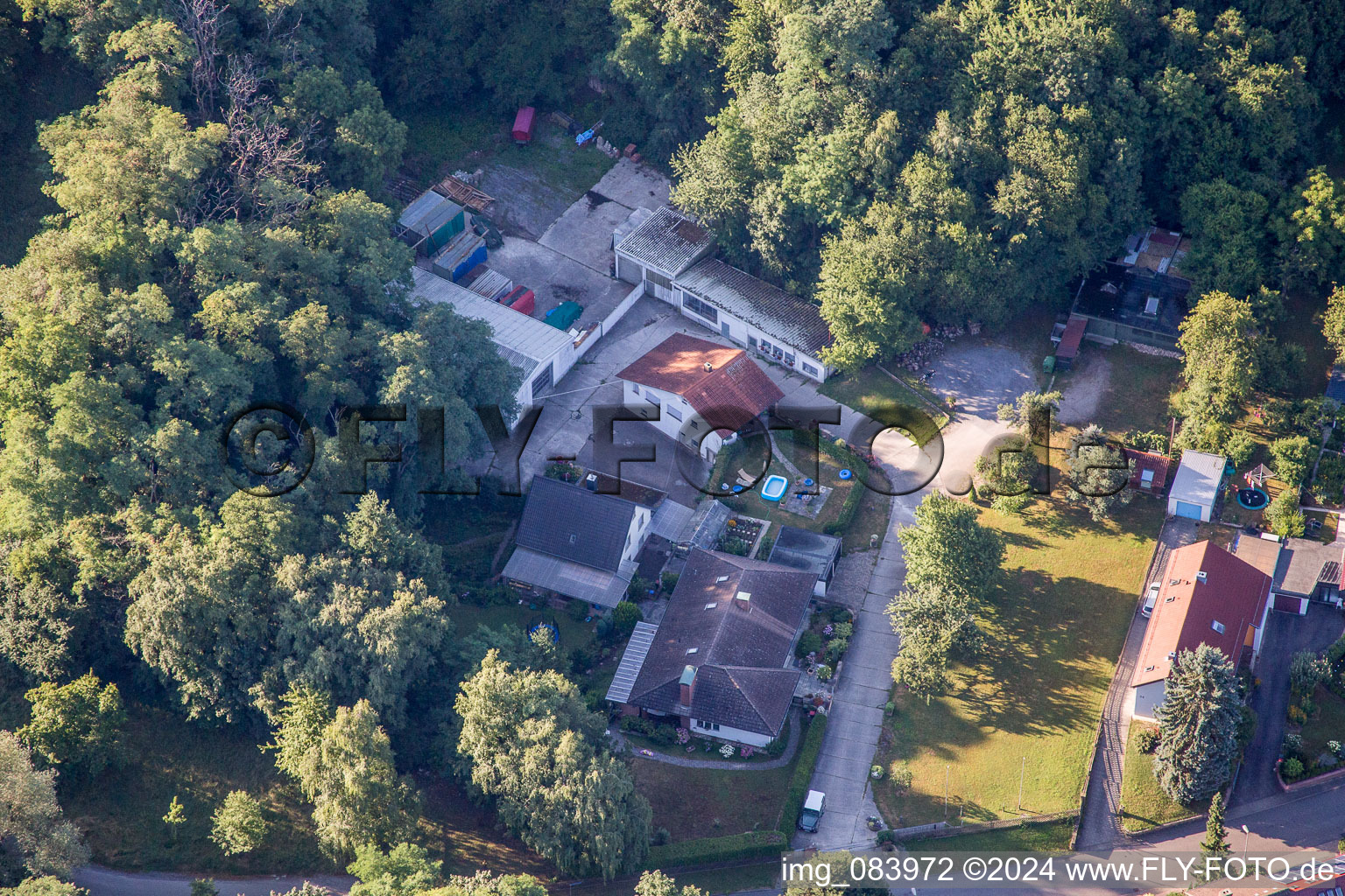 Hohenwettersbacherstraße 38, "open youth workshop Karlsruhe" at the quarry in the district Grünwettersbach in Karlsruhe in the state Baden-Wuerttemberg, Germany viewn from the air