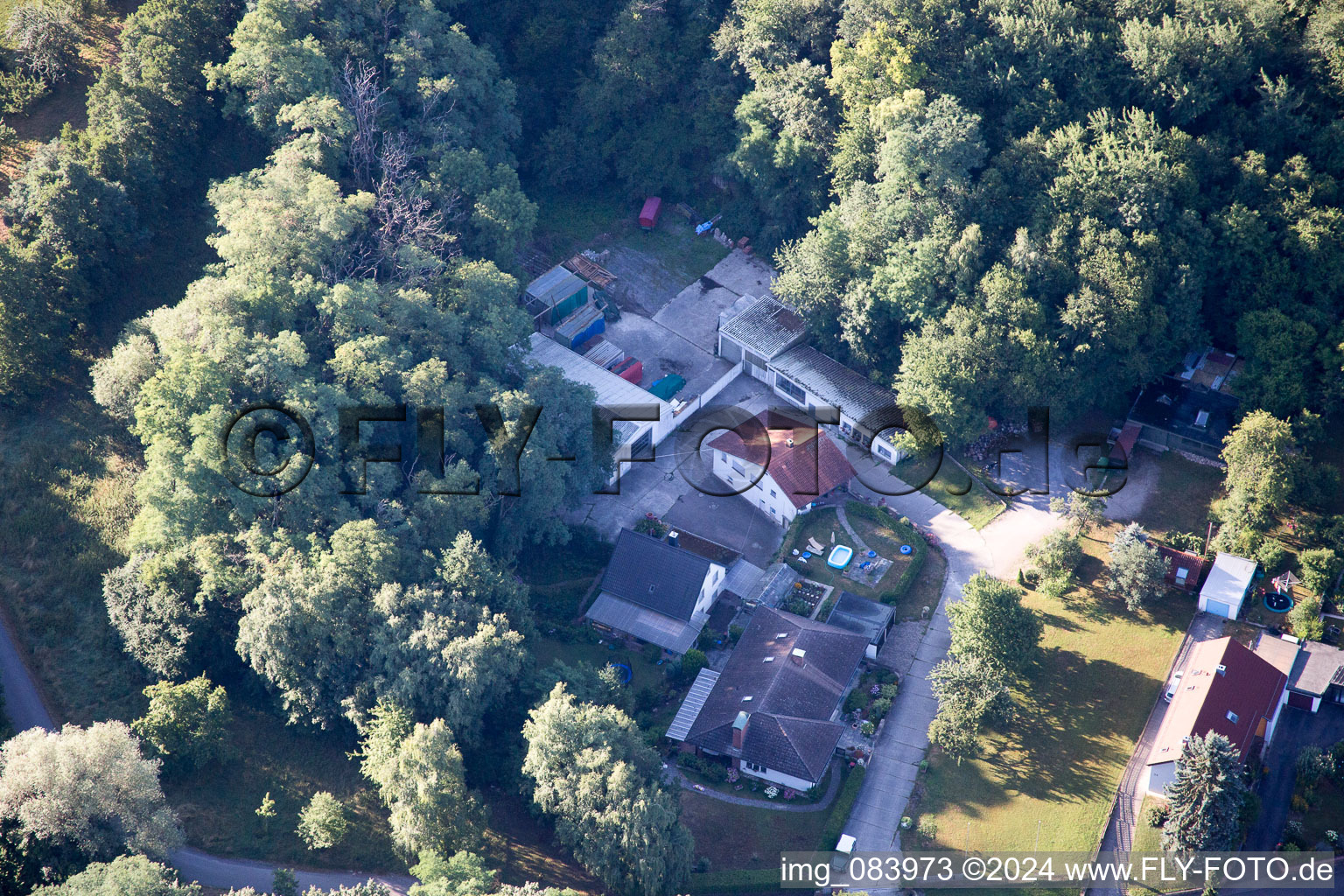 Drone recording of Hohenwettersbacherstraße 38 , "open youth workshop Karlsruhe" at the quarry in the district Grünwettersbach in Karlsruhe in the state Baden-Wuerttemberg, Germany