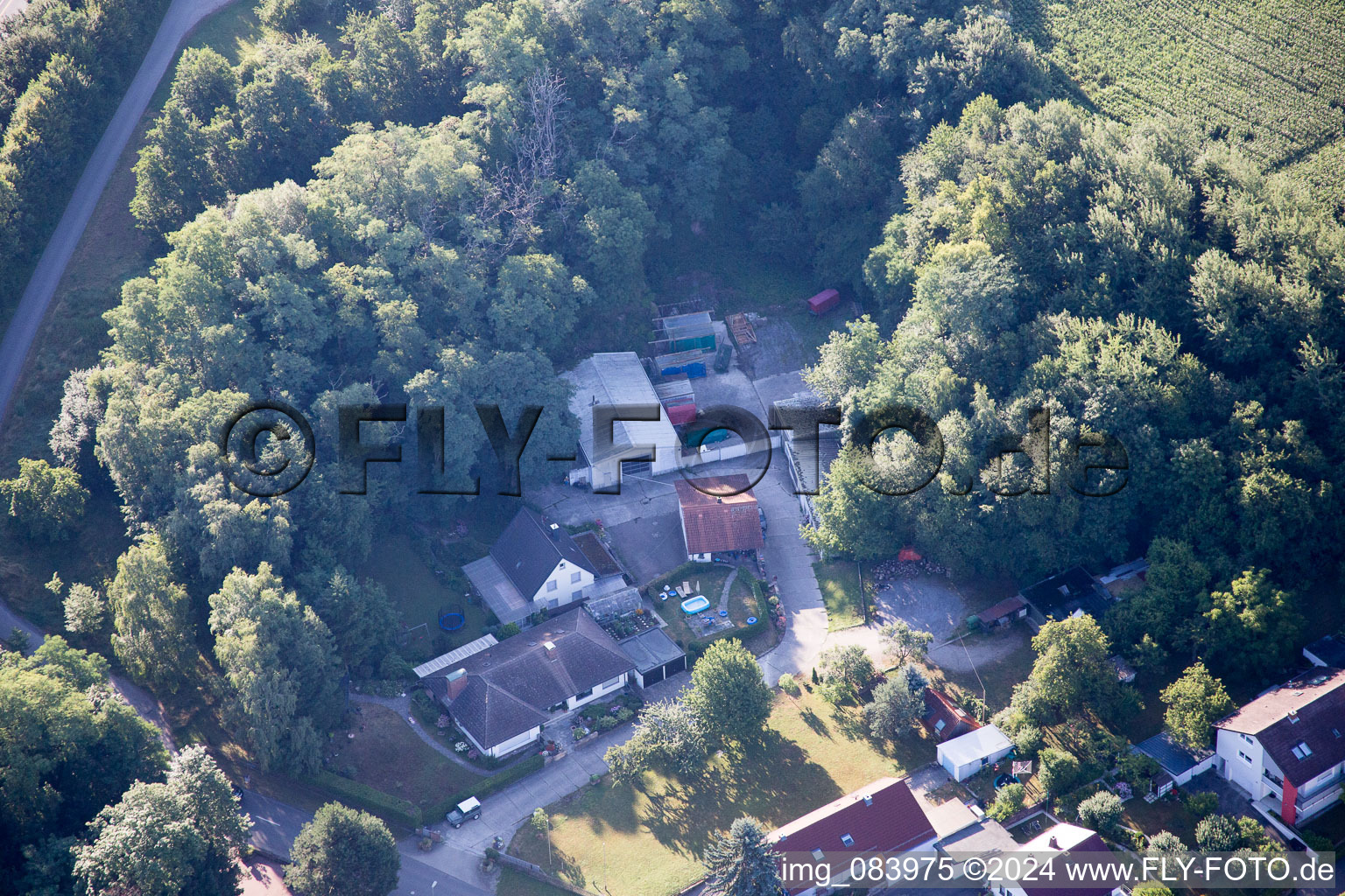 Drone image of Hohenwettersbacherstraße 38 , "open youth workshop Karlsruhe" at the quarry in the district Grünwettersbach in Karlsruhe in the state Baden-Wuerttemberg, Germany