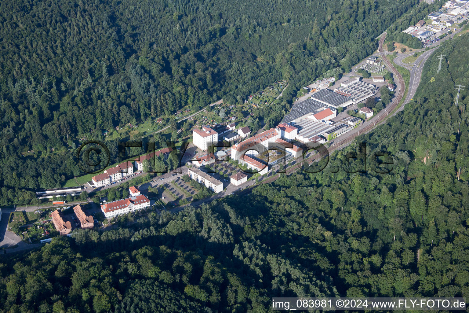 Oblique view of Industrial area in Albtal Spinnerei in Ettlingen in the state Baden-Wuerttemberg, Germany