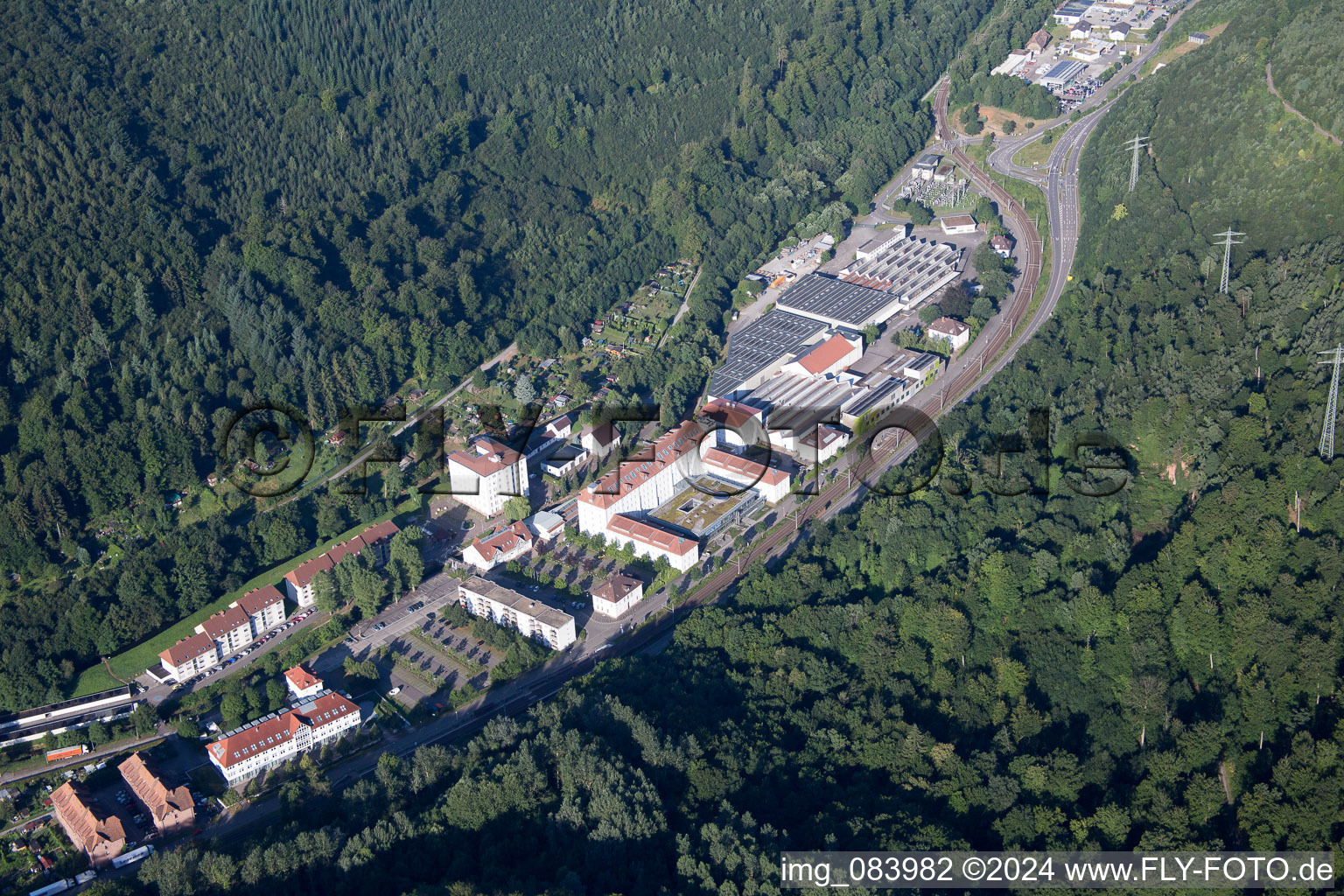 Industrial area in the Albtal spinning mill in Ettlingen in the state Baden-Wuerttemberg, Germany from above