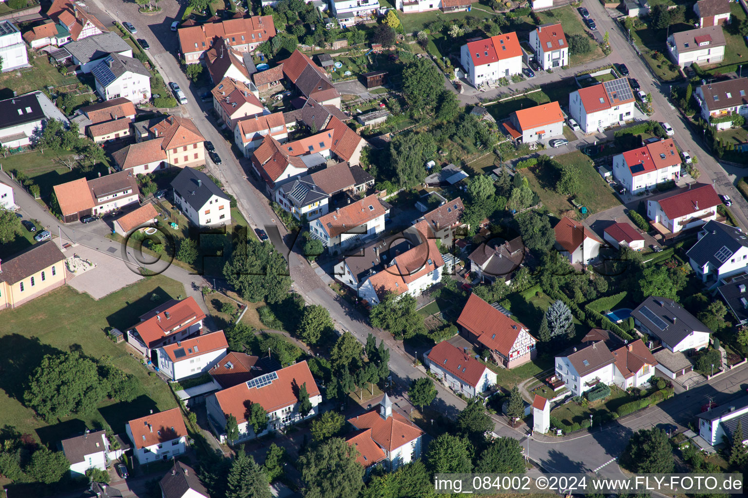 Aerial view of Mary Queen in the district Schluttenbach in Ettlingen in the state Baden-Wuerttemberg, Germany